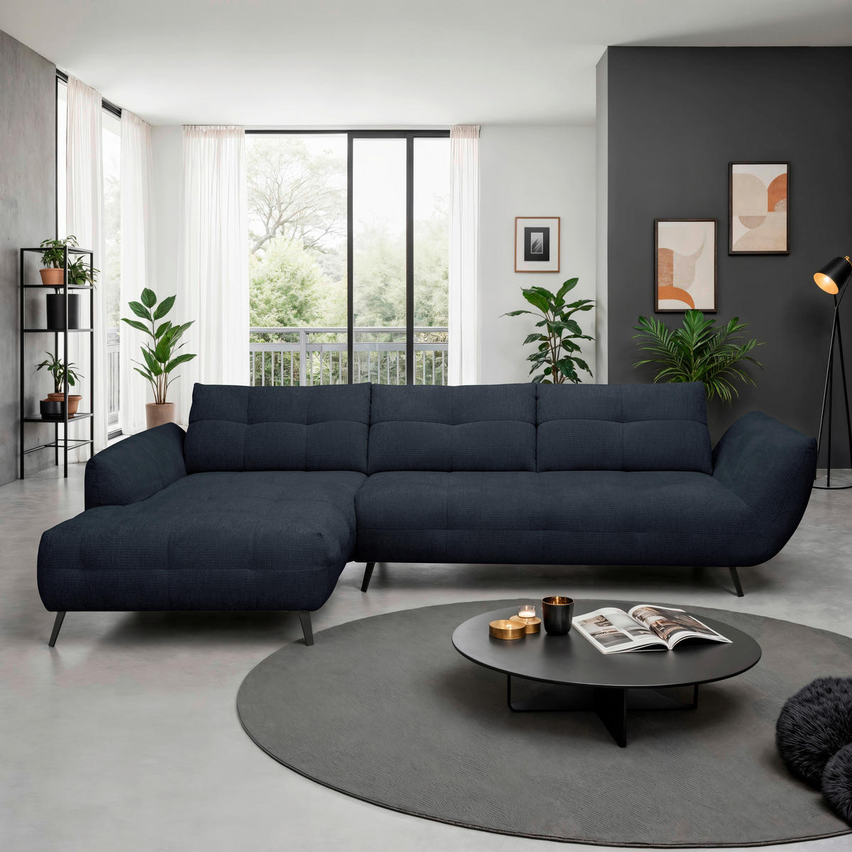 ECKSOFA Dunkelblau Chenille Armlehnenkissen, Rücken echt, Sitztiefenverstellung  - Schwarz/Dunkelblau, KONVENTIONELL, Textil/Metall (215/313cm) - Hom`in