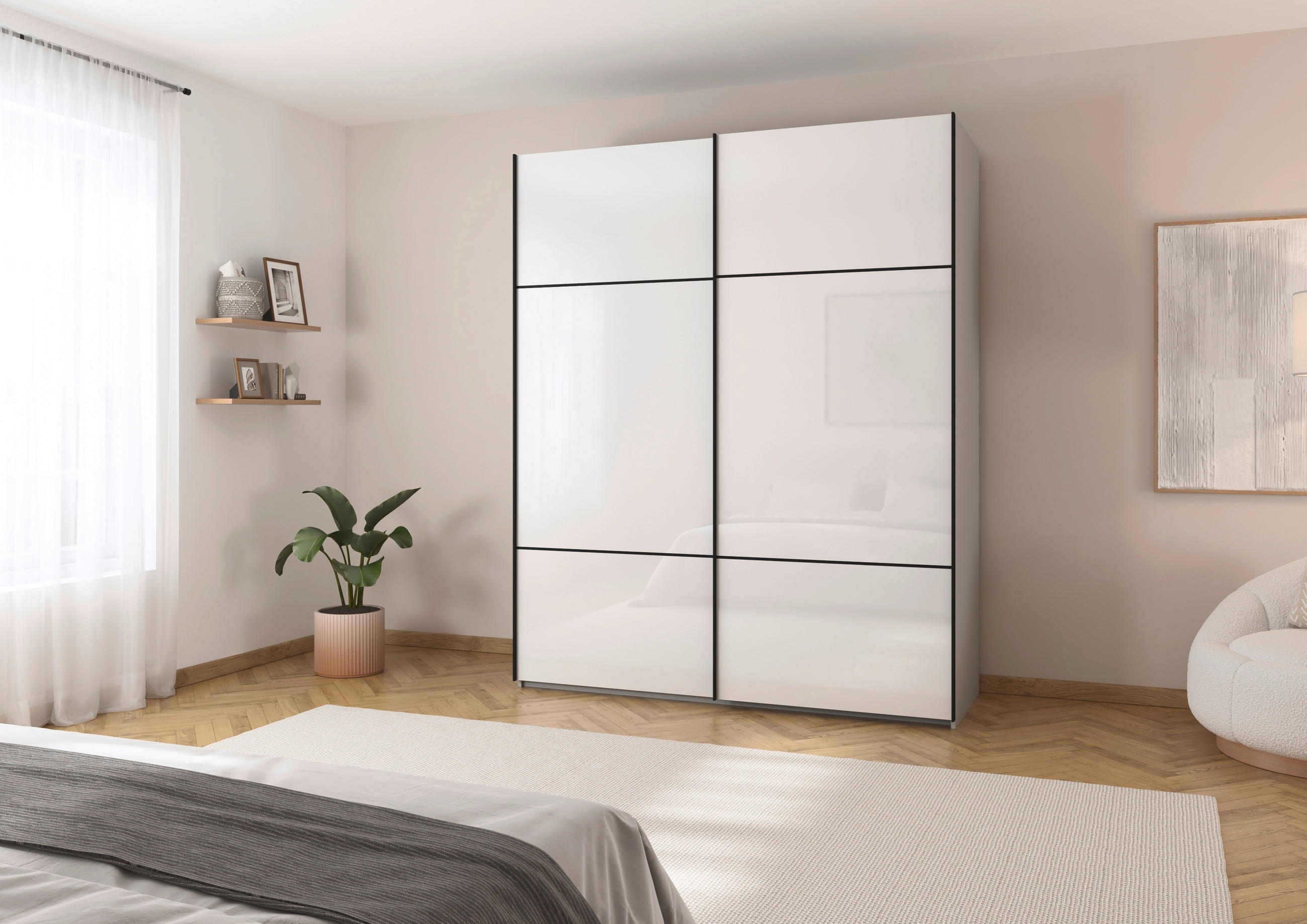 SCHWEBETÜRENSCHRANK  in Grau, Weiß  - Schwarz/Weiß, KONVENTIONELL, Glas/Holzwerkstoff (201/223/67cm) - Novel