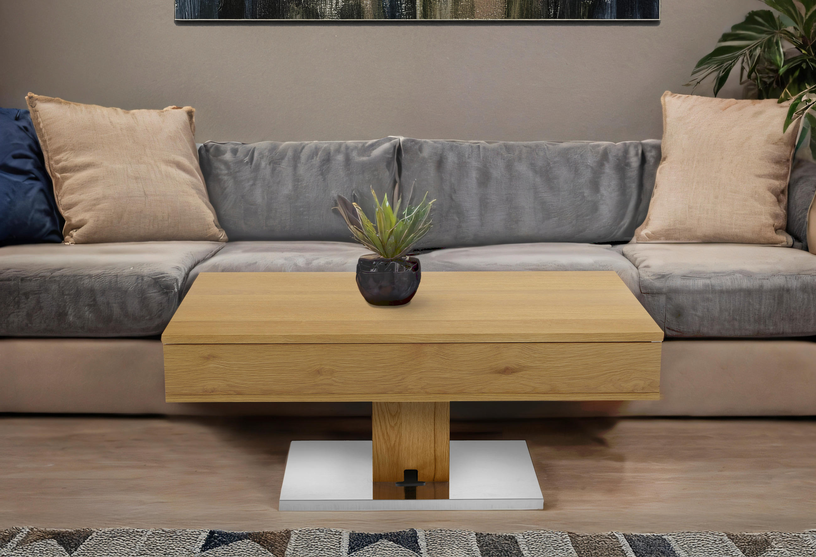 COUCHTISCH Eiche furniert 110/46,5/65 cm rechteckig Schwarz, Eichefarben, Edelstahlfarben  - Edelstahlfarben/Eichefarben, Design, Holz/Holzwerkstoff (110/46,5/65cm) - Livetastic