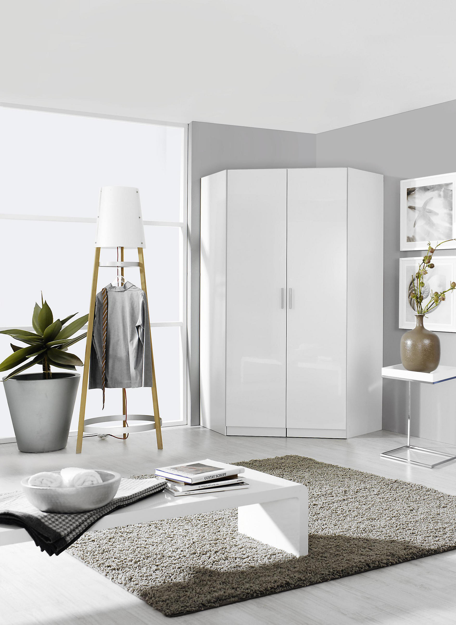ECKSCHRANK Weiß, Weiß Hochglanz - Weiß Hochglanz/Alufarben, Design, Holzwerkstoff/Kunststoff (117/197/117cm) - Carryhome