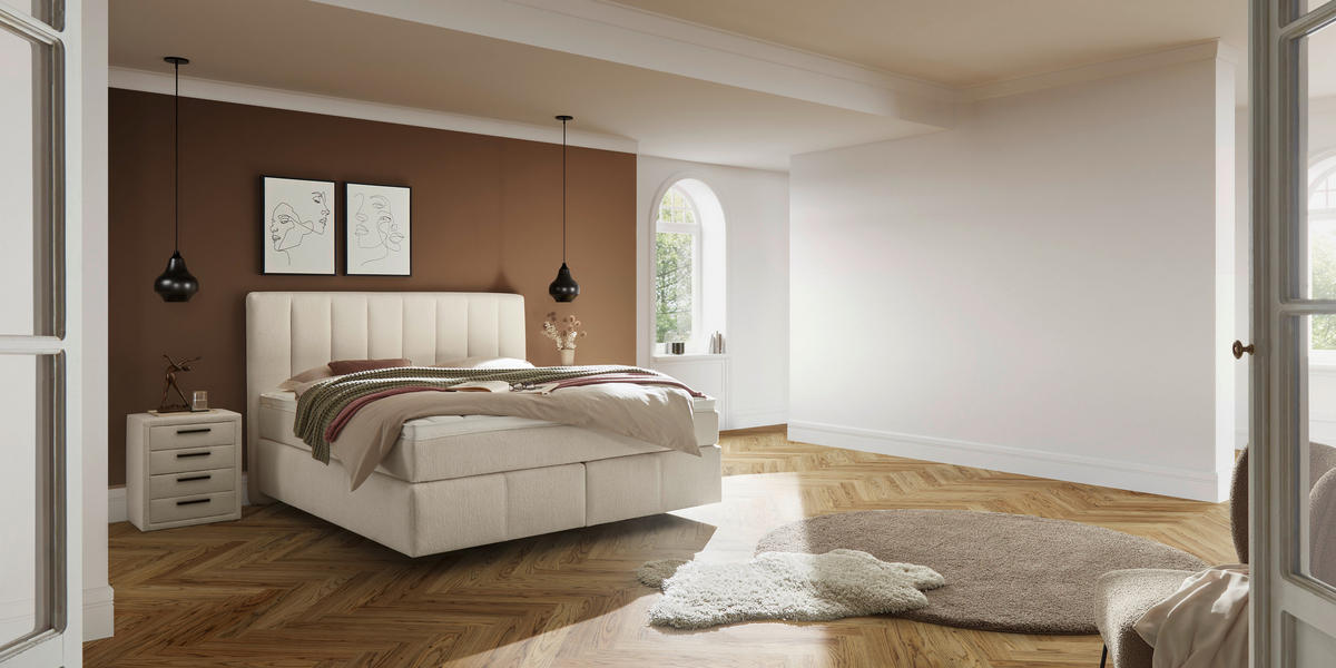 BOXSPRINGBETT 180/200 cm,  in Creme, H2 + H3 = mittel + fest  - Creme, KONVENTIONELL, Kunststoff/Textil (180/200cm) - Voleo