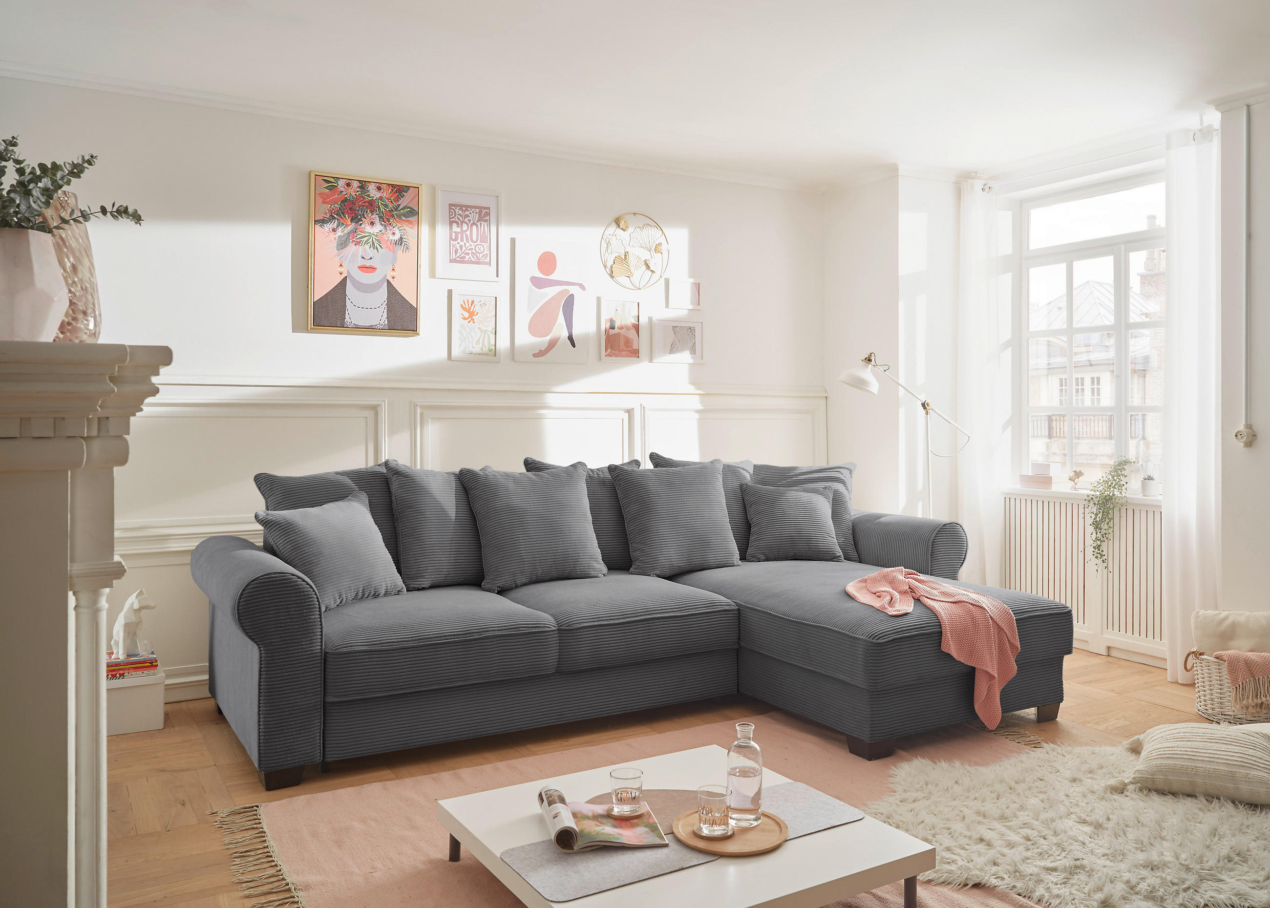 ECKSOFA in Cord Dunkelgrau  - Dunkelgrau/Schwarz, KONVENTIONELL, Kunststoff/Textil (318/197cm) - MID.YOU