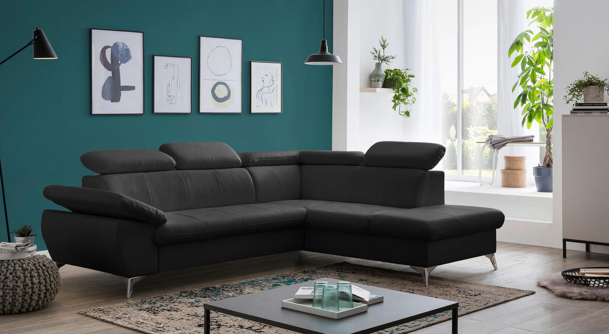 ECKSOFA Schwarz Lederlook  - Chromfarben/Schwarz, KONVENTIONELL, Textil/Metall (256/209cm) - Livetastic