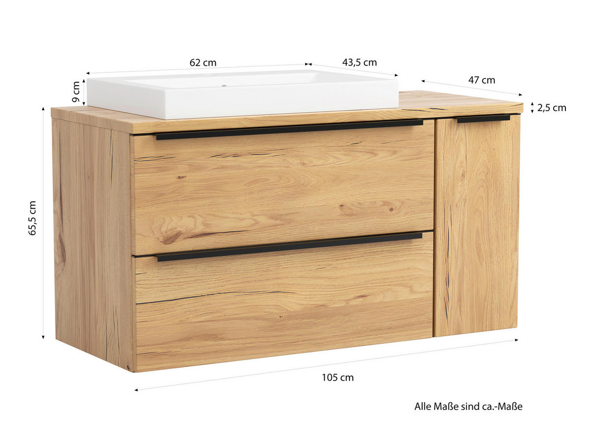 WASCHTISCHKOMBI 105 cm  - Wildeiche/Schwarz, KONVENTIONELL, Keramik/Holzwerkstoff (105cm) - Xora