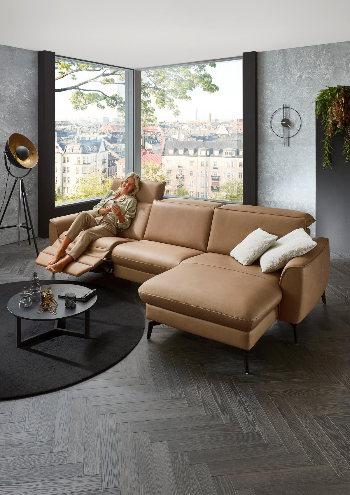 ECKSOFA in Echtleder Haselnussfarben  - Schwarz/Haselnussfarben, Natur, Leder/Metall (281/168cm) - Valdera