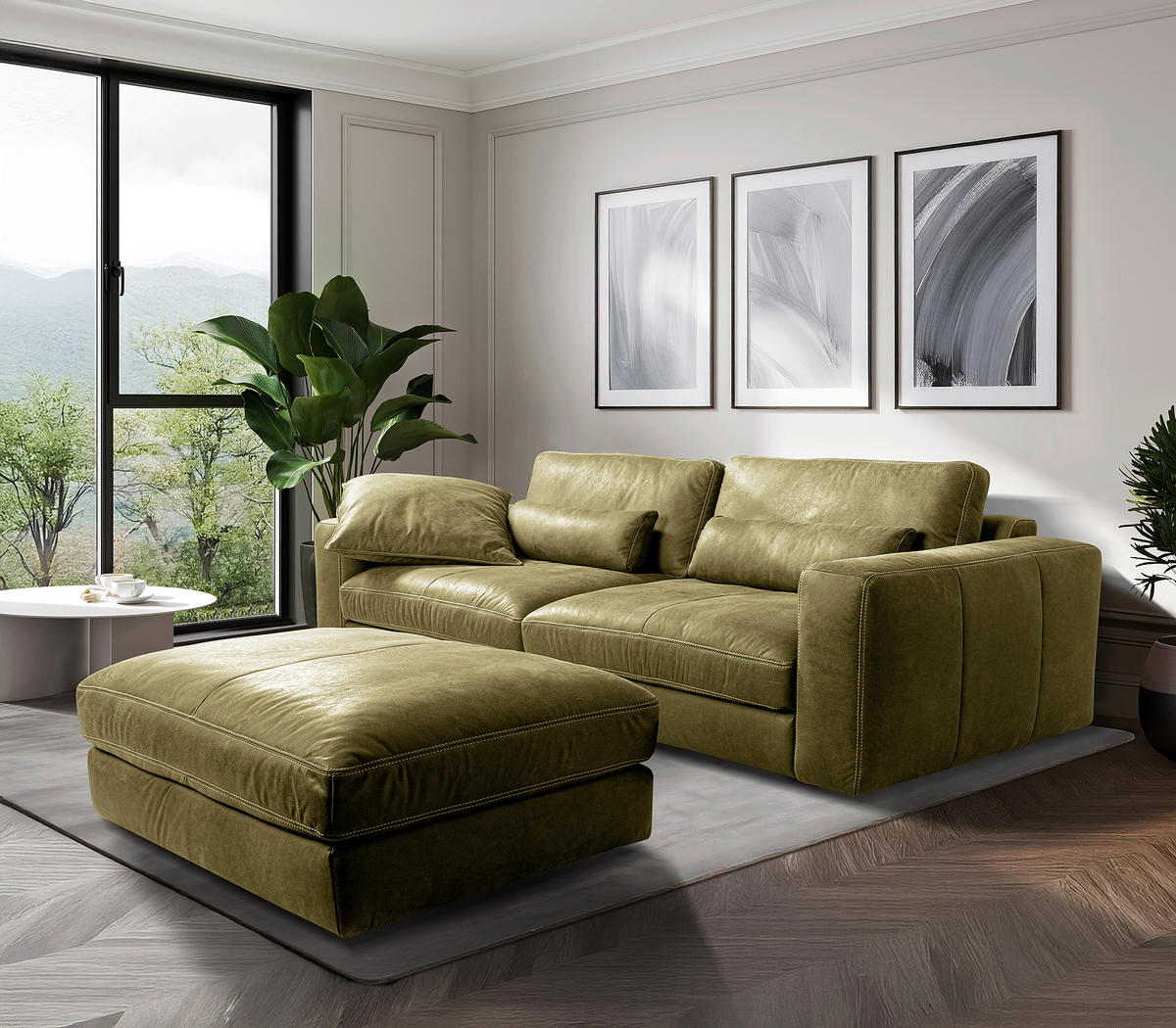 HOCKER in Leder Olivgrün  - Beige/Schwarz, Design, Leder/Kunststoff (123/45/93cm) - Livetastic