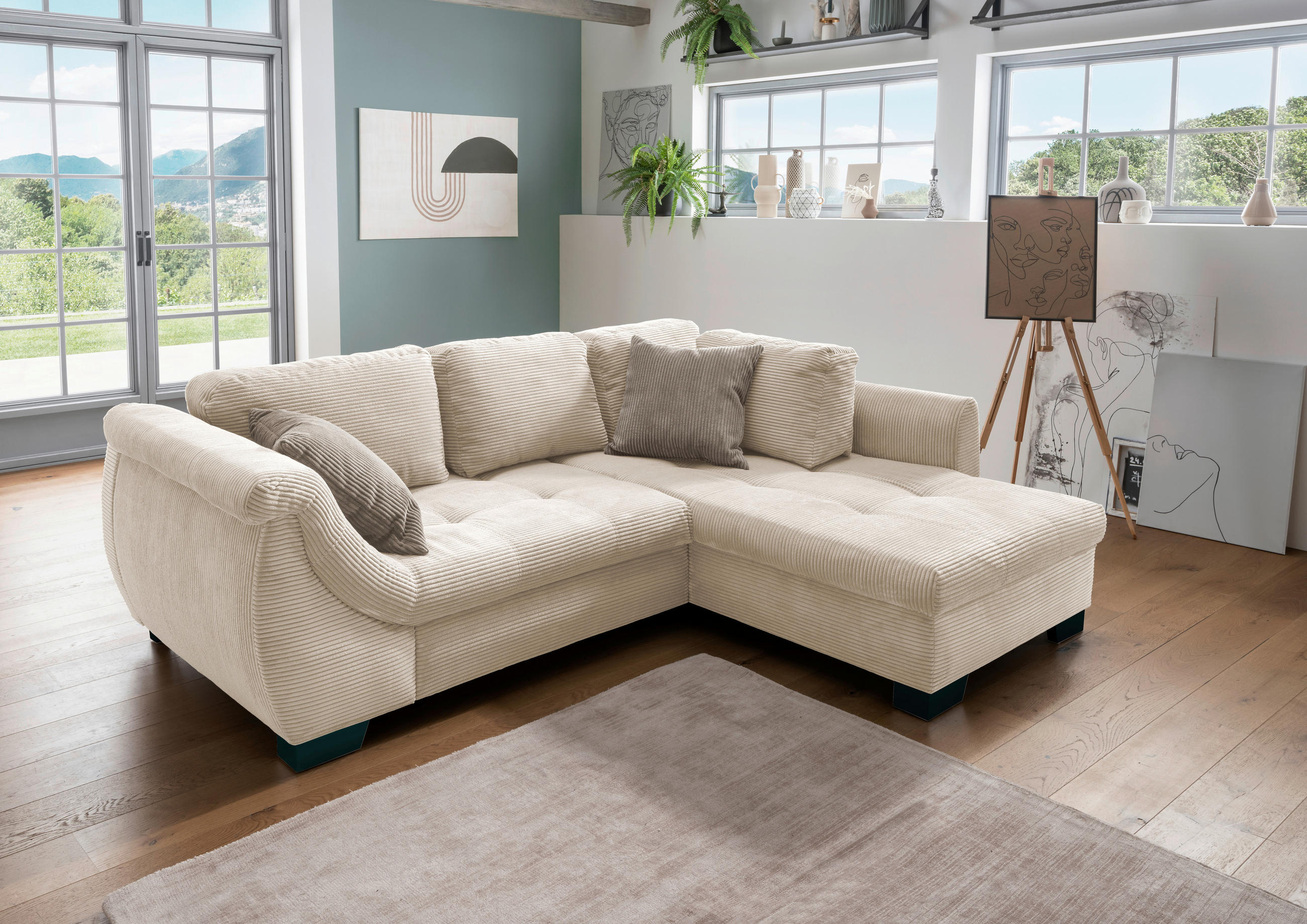 ECKSOFA Beige Cord  - Beige/Graubraun, Design, Holz/Textil (250/190cm) - MID.YOU