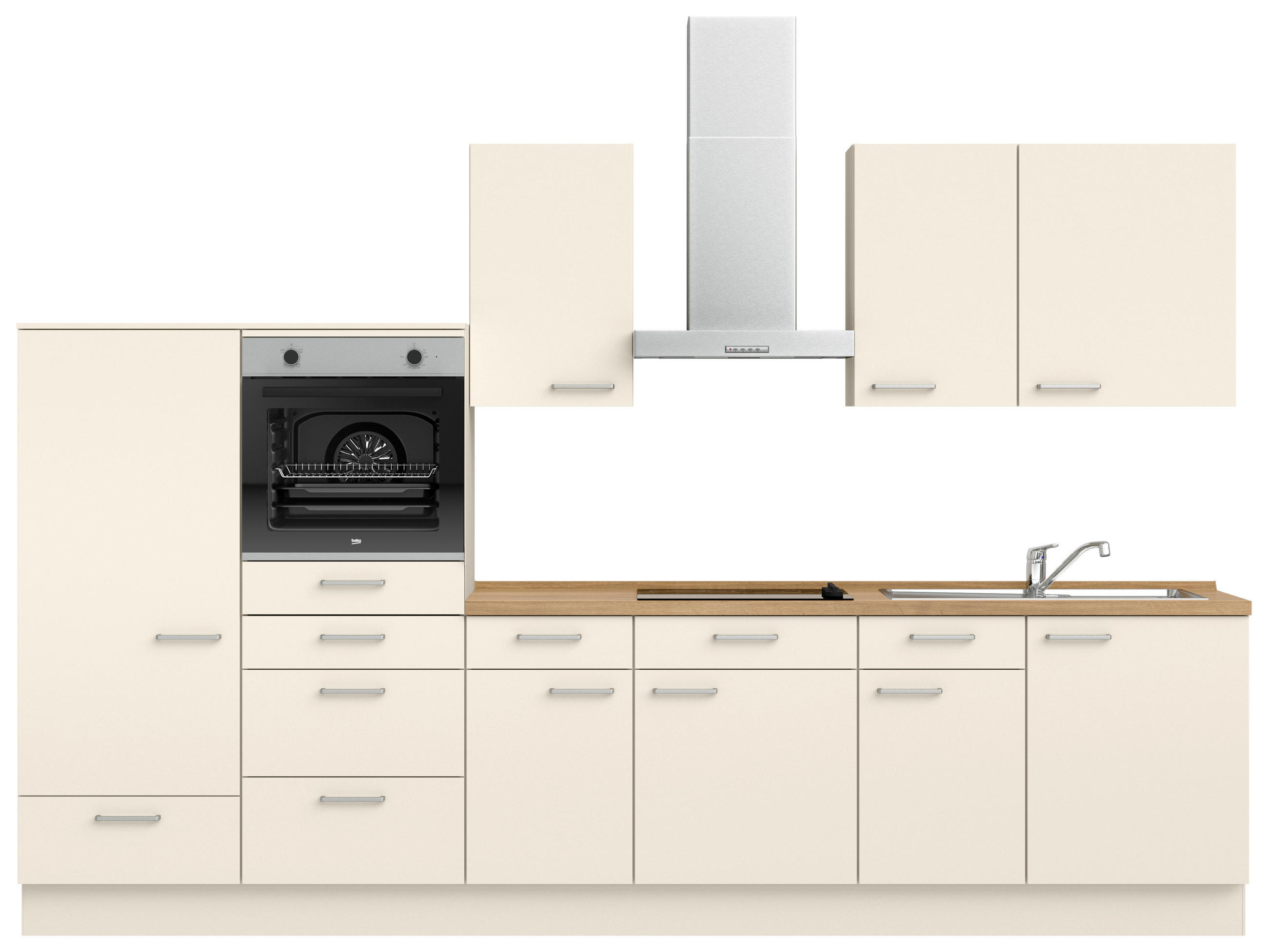 KÜCHENBLOCK 330 cm   in Eichefarben, Magnolie  - Edelstahlfarben/Eichefarben, MODERN, Holzwerkstoff/Metall (330cm) - Nobilia