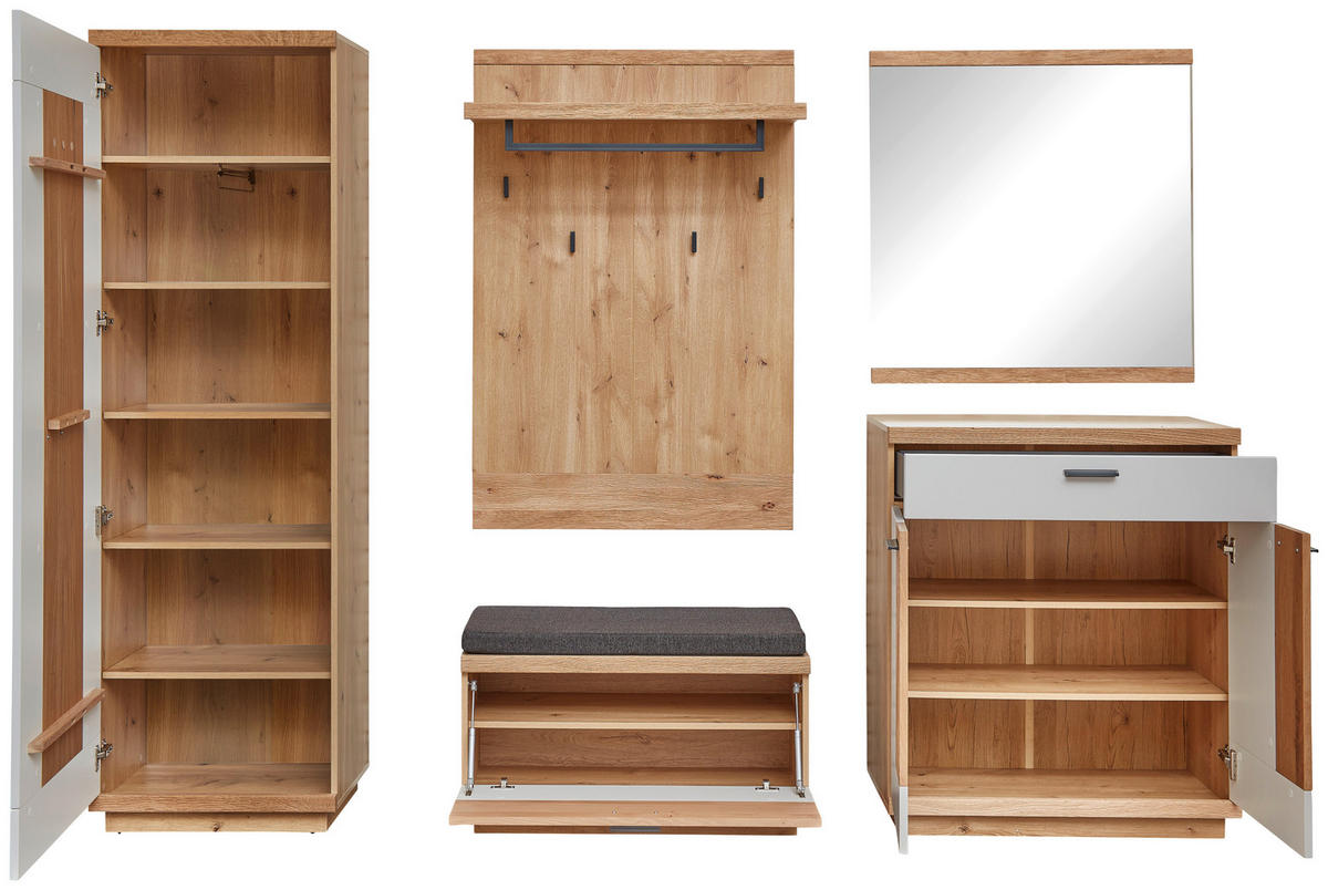 GARDEROBE 5-teilig  in 260/197/38 cm  - Wildeiche/Hellgrau, Design, Glas/Holz (260/197/38cm) - Novel