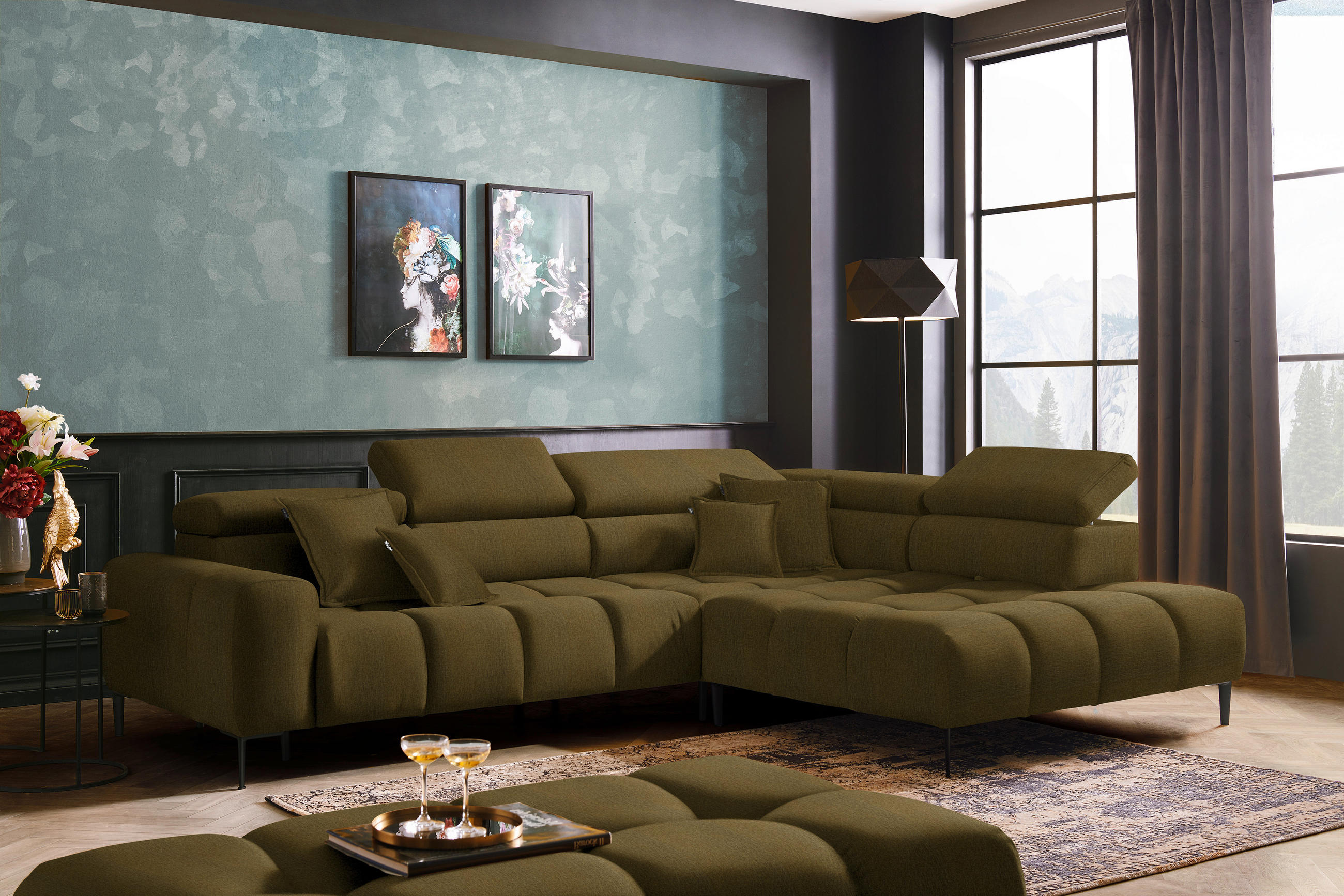 ECKSOFA Olivgrün Samt, Webstoff  - Schwarz/Olivgrün, Design, Textil/Metall (300/216cm) - Welnova