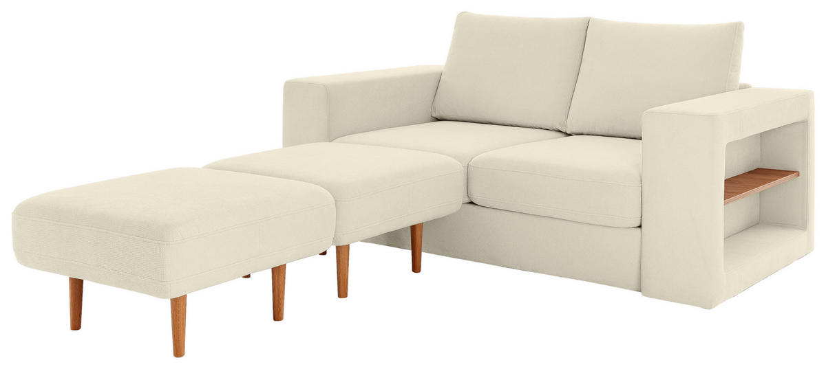 ZWEISITZER-SOFA inkl. Hocker in Webstoff Creme  - Eichefarben/Creme, Design, Holz/Textil (172/96/107cm) - LOOKS by W.Joop