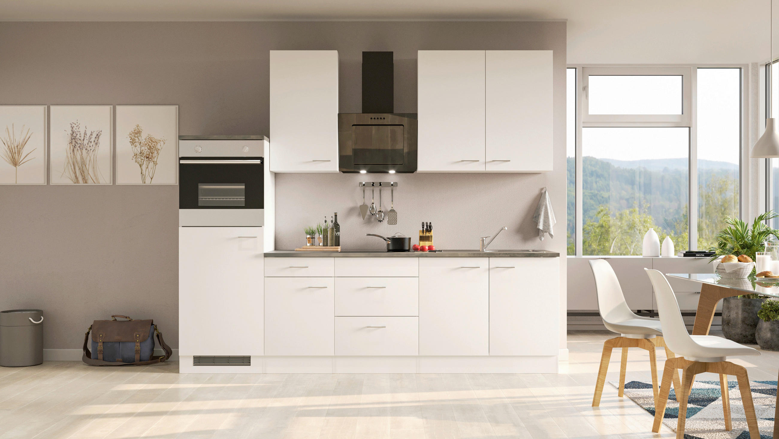 Küchenzeile Lucca mit Geräten 270 cm Weiß Dekor Modern