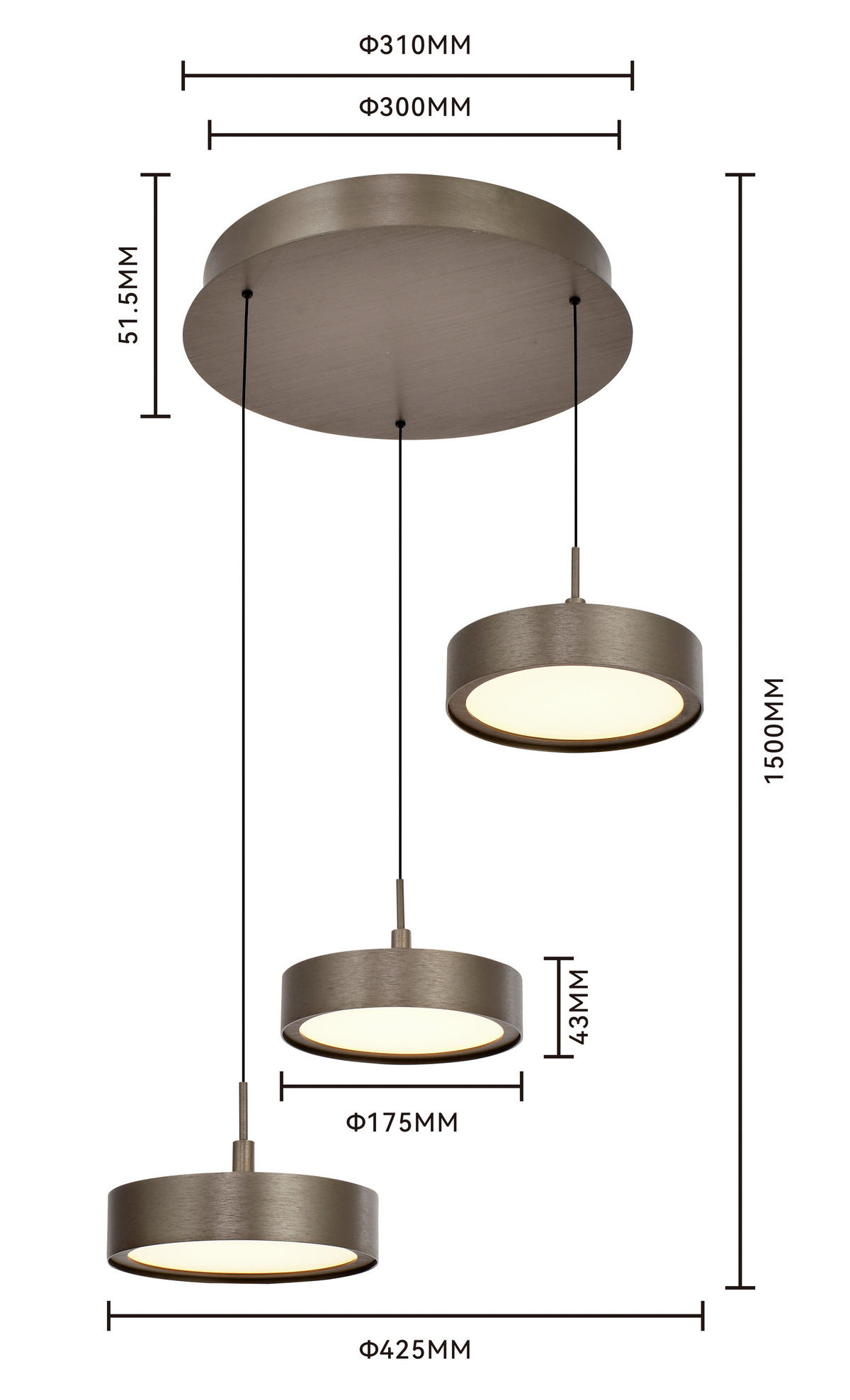 LED-HÄNGELEUCHTE Valensole 42,5/150/42,5 cm  - Bronzefarben, Design, Metall (42,5/150/42,5cm)