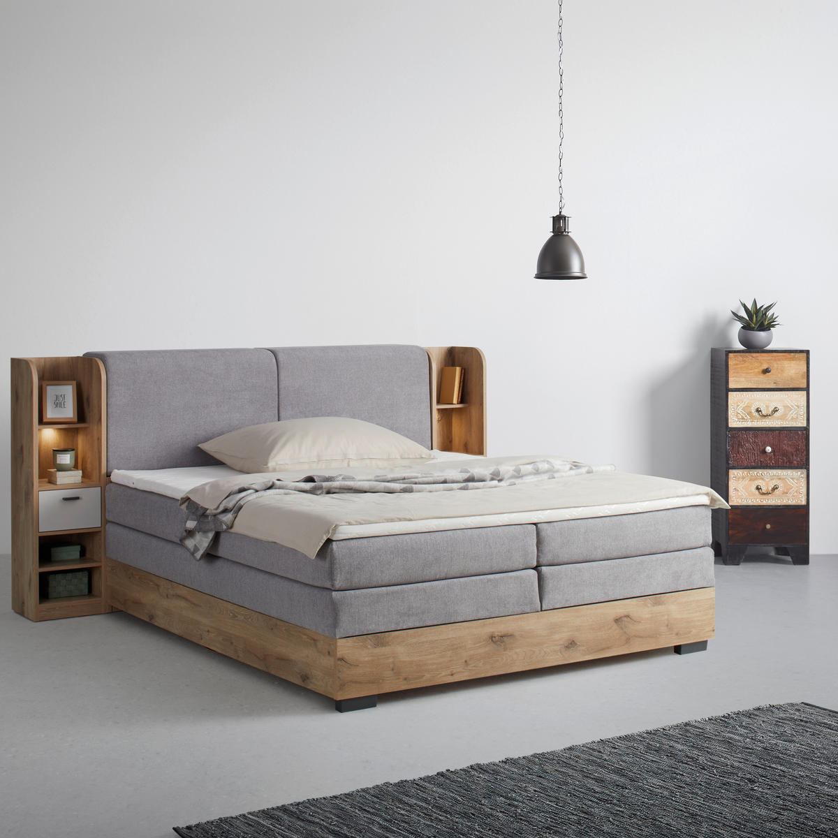 BOXSPRINGBETT 180/200 cm  in Eichefarben, Hellgrau  - Eichefarben/Hellgrau, Lifestyle, Holzwerkstoff/Kunststoff (180/200cm) - MID.YOU