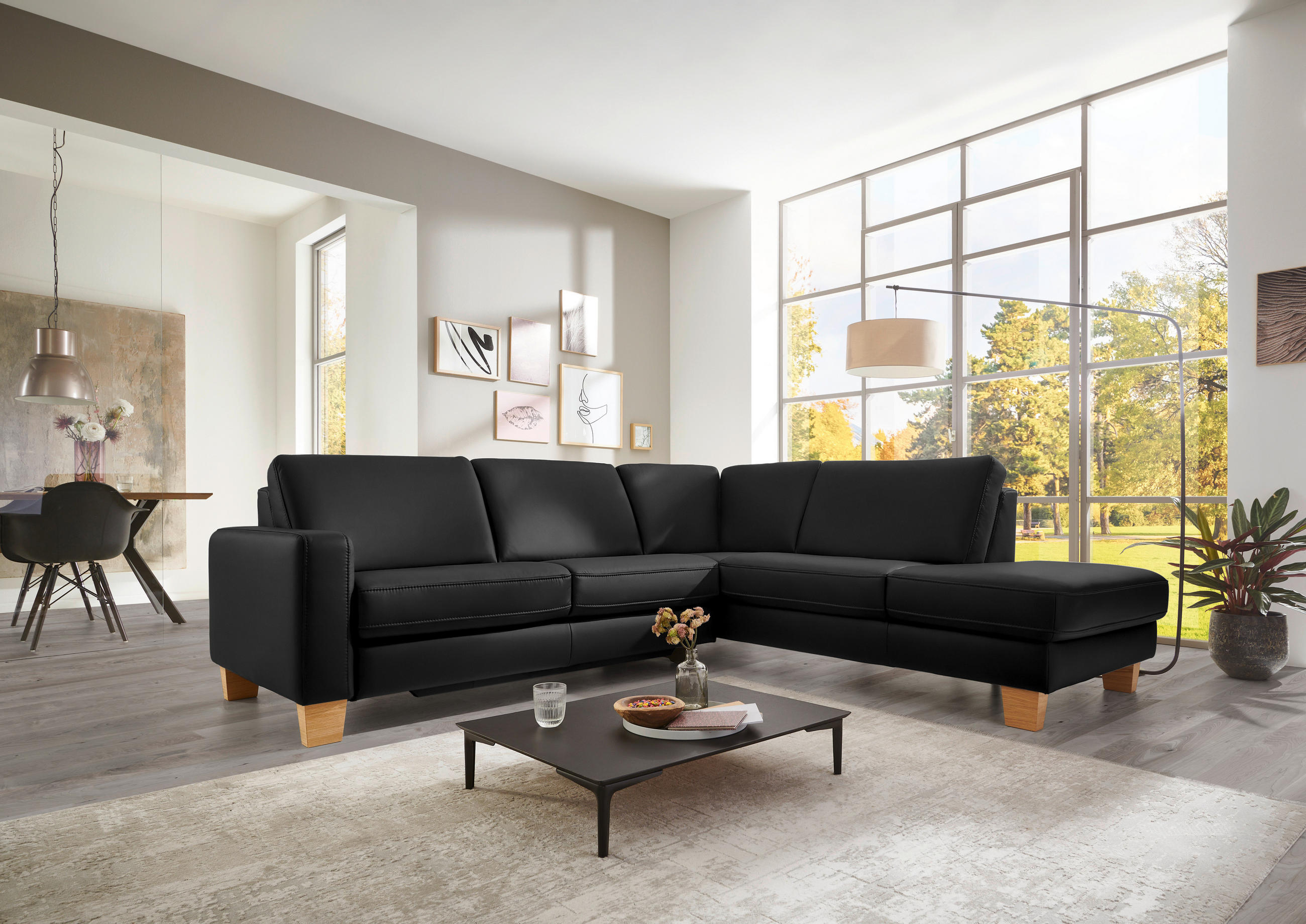 ECKSOFA in Echtleder Schwarz  - Eiche Bianco/Schwarz, Natur, Leder/Holz (257/235cm) - Valdera
