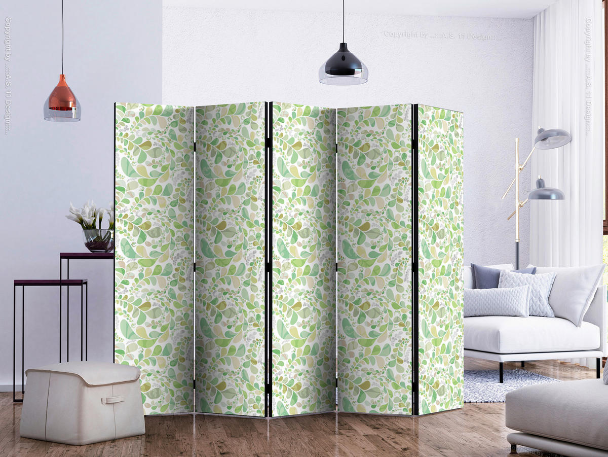 PARAVENT mit 5  Flügel - Weiß/Hellgrün, Basics, Holz/Textil (225/172/3cm) - artgeist