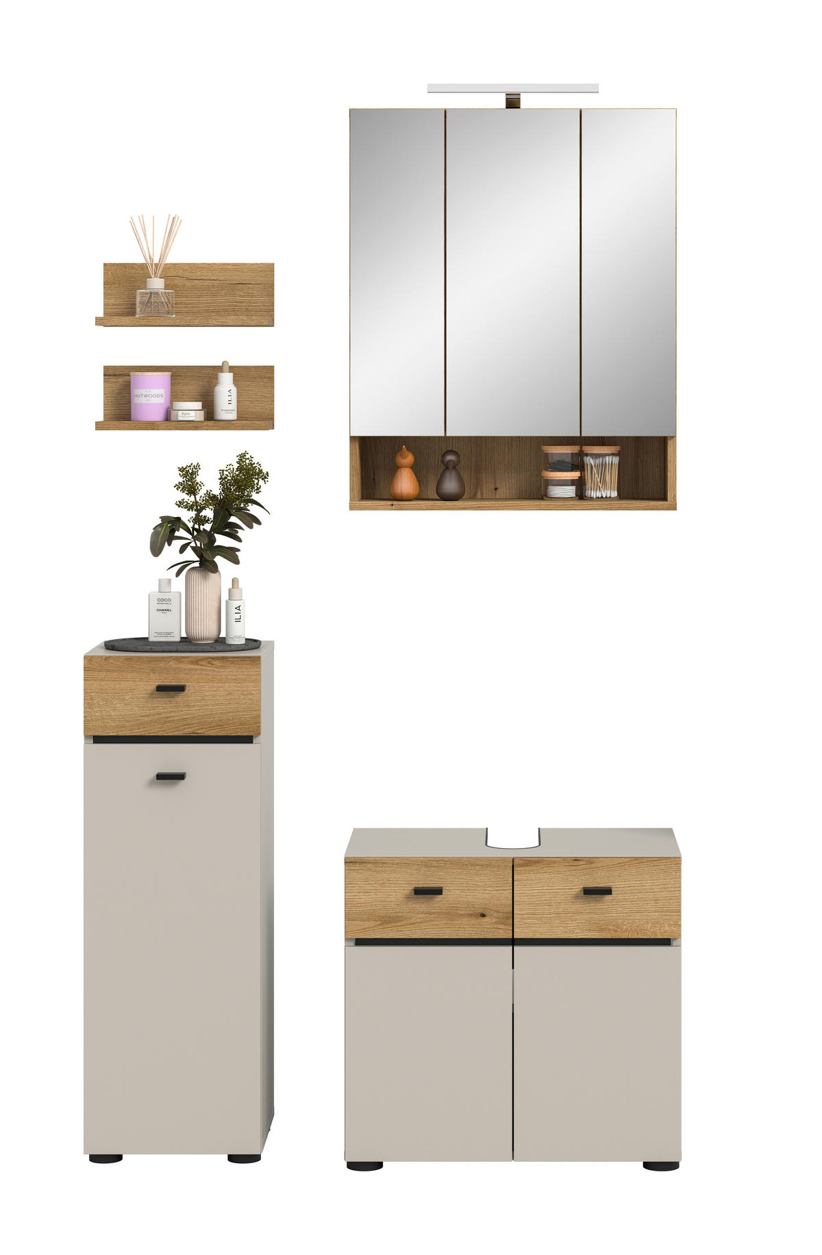 BADEZIMMER 4-teilig  in 92 cm  - Kaschmir/Eichefarben, Trend, Glas/Holzwerkstoff (92cm) - MID.YOU