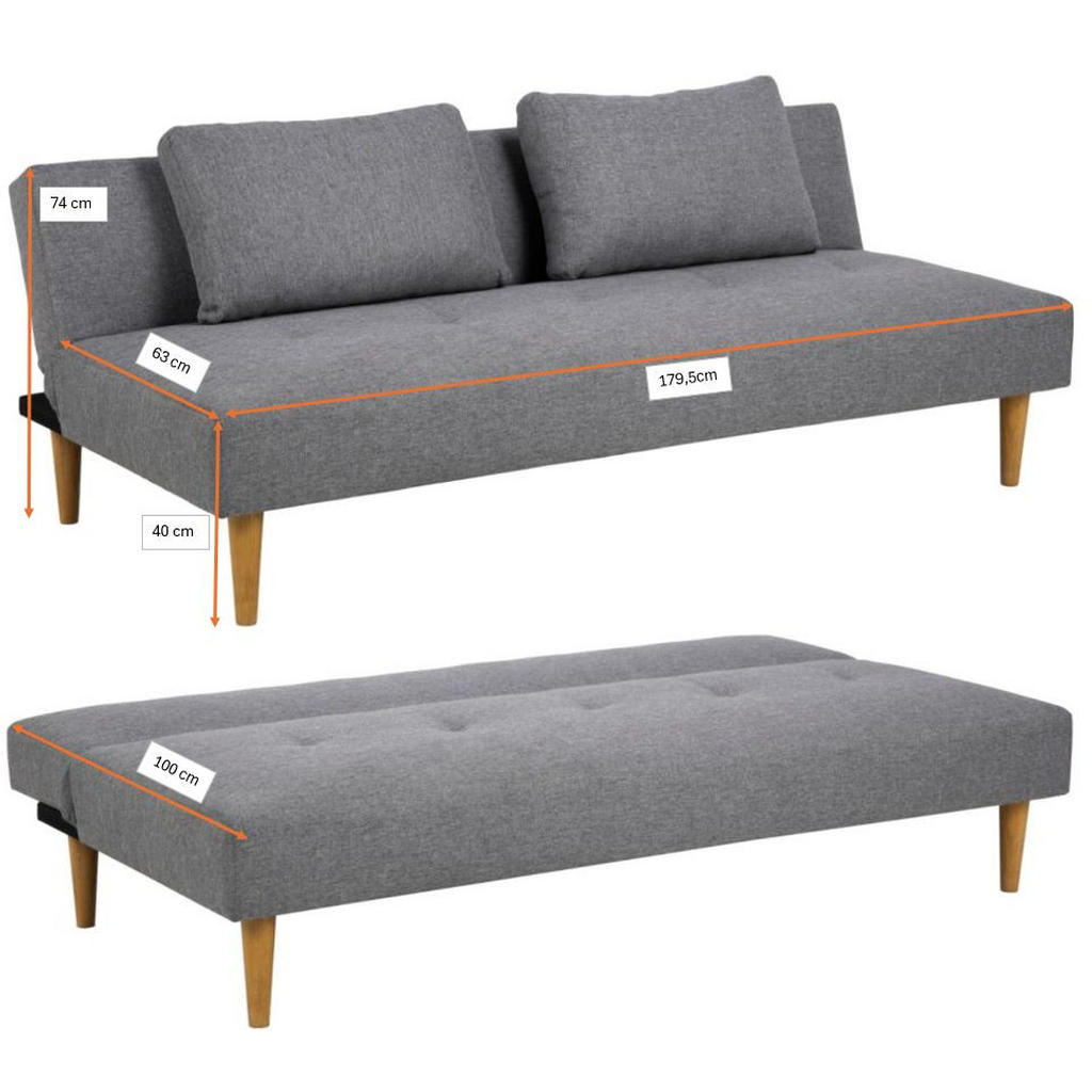Thumbnail - Mid.you Schlafsofa, Grau, Eiche, Holz, Metall, Textil, Kautschukholz, Uni, 2-Sitzer, 180x74x86 cm, Kinder- & Jugendzimme...