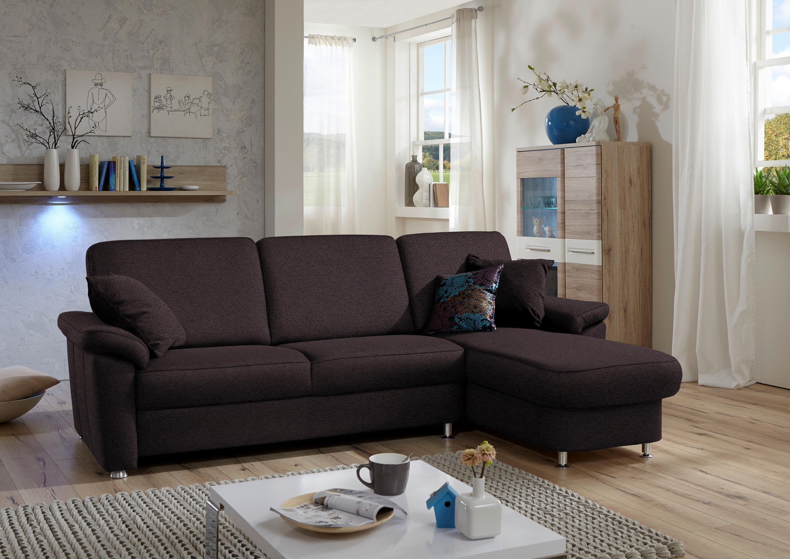 ECKSOFA in Flachgewebe Mokka  - Chromfarben/Mokka, Konventionell, Textil/Metall (250/163cm) - Beldomo System