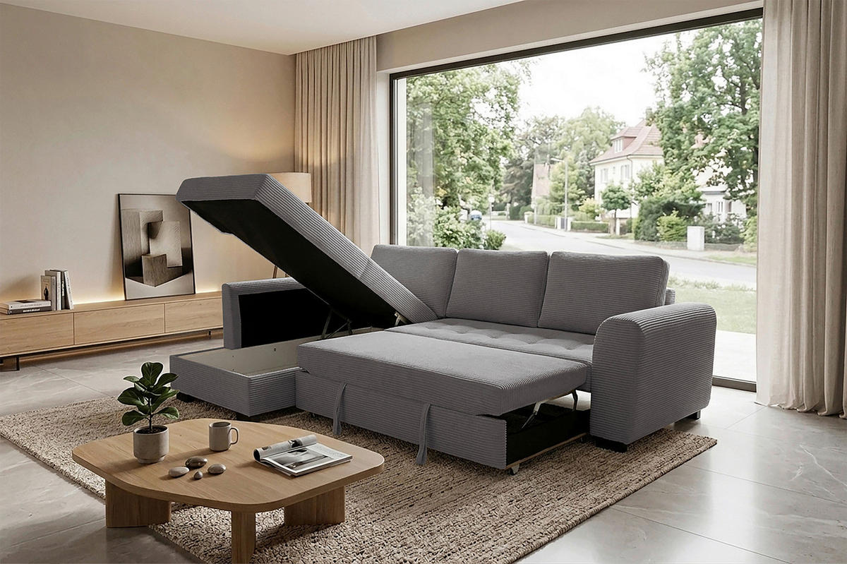 ECKSOFA JOHN Grau Cord Rückenkissen, Bettkasten, Liegefläche im Originalstoff  - Schwarz/Grau, Trend, Kunststoff/Textil (178/239cm) - P & B