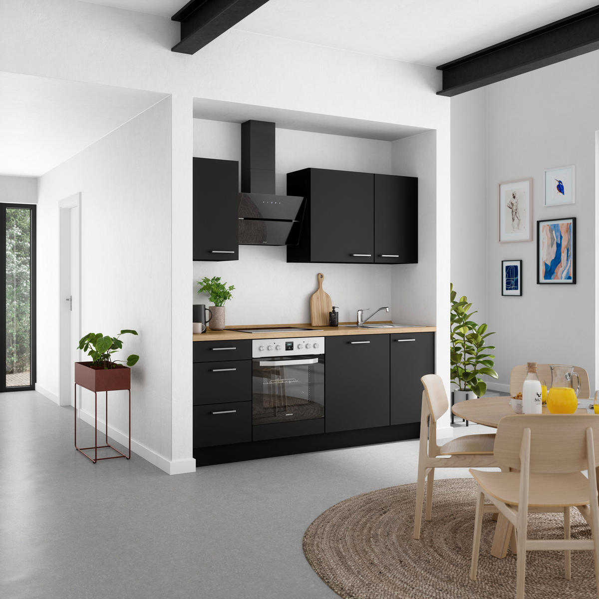 KÜCHENLEERBLOCK 210 cm   in Schwarz, Eichefarben  - Edelstahlfarben/Eichefarben, MODERN, Holzwerkstoff/Metall (210cm) - Nobilia