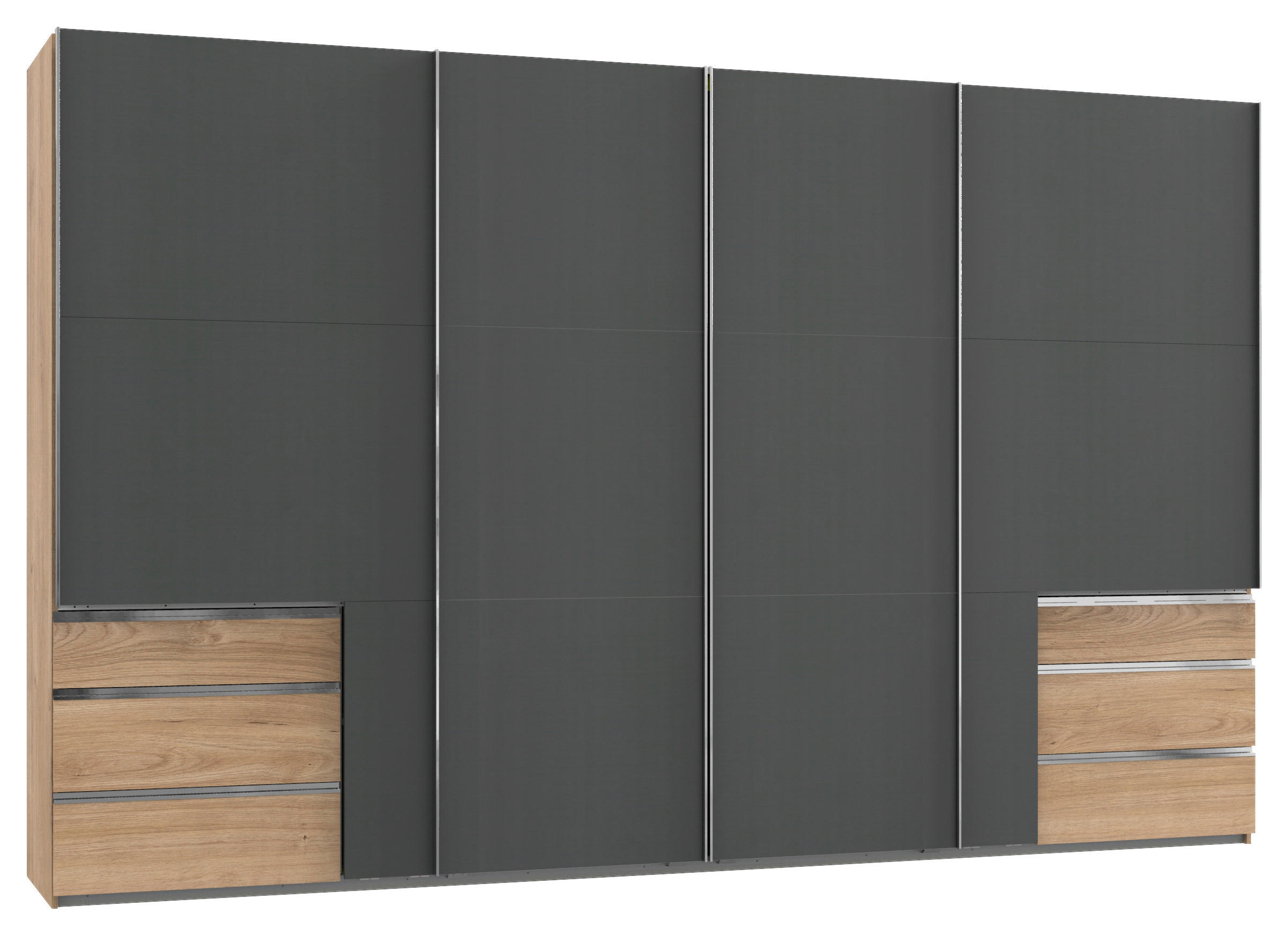 SCHWEBETÜRENSCHRANK 350/216/65 cm 4-türig Graphitfarben, Eichefarben  - Chromfarben/Eichefarben, Basics, Holzwerkstoff/Metall (350/216/65cm) - MID.YOU