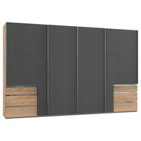 SCHWEBETÜRENSCHRANK 350/216/65 cm 4-türig Graphitfarben, Eichefarben  - Chromfarben/Eichefarben, Basics, Holzwerkstoff/Metall (350/216/65cm) - MID.YOU