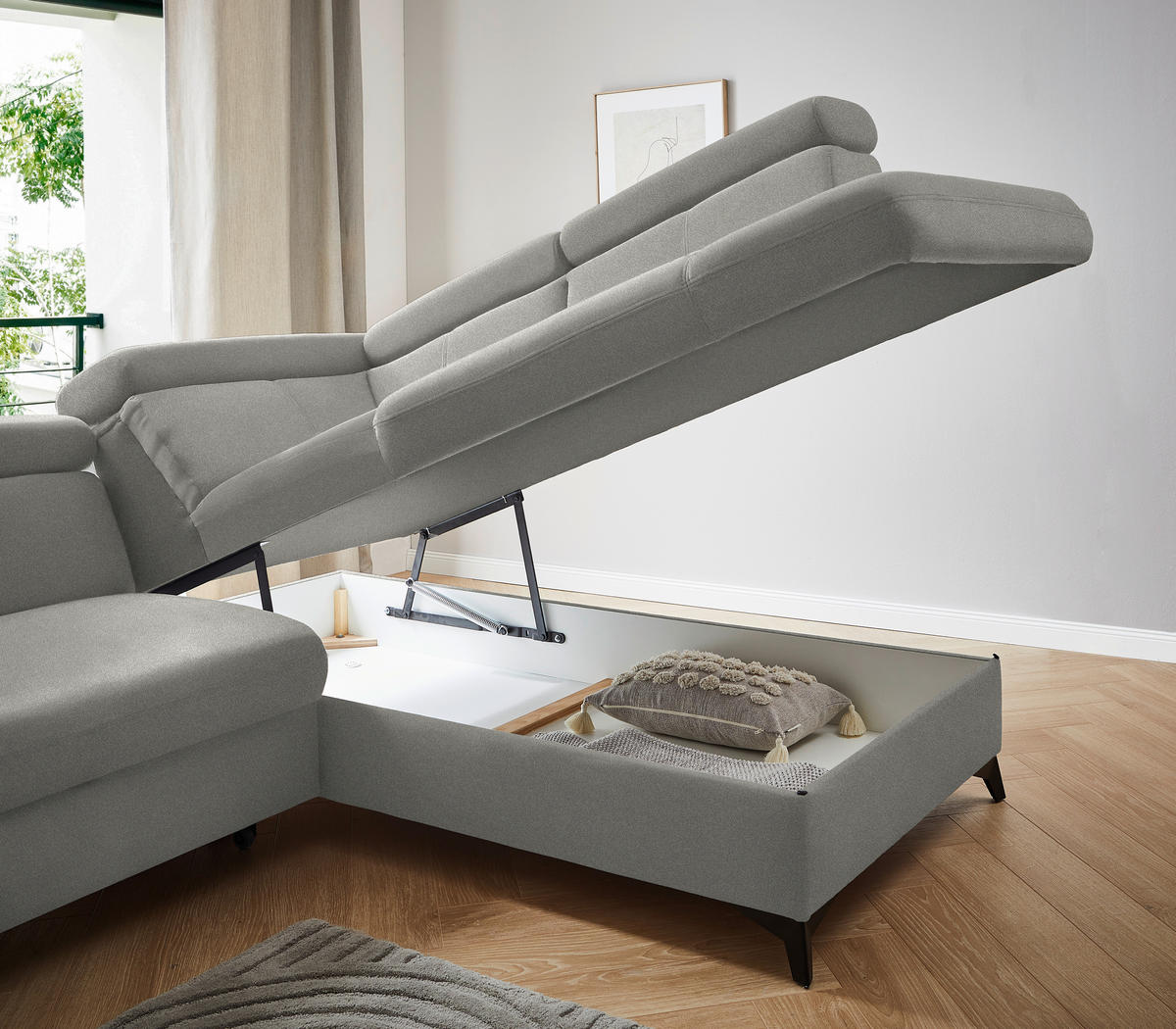 ECKSOFA in Mikrofaser Hellgrau  - Hellgrau/Schwarz, Design, Textil/Metall (260/203cm) - Stylife
