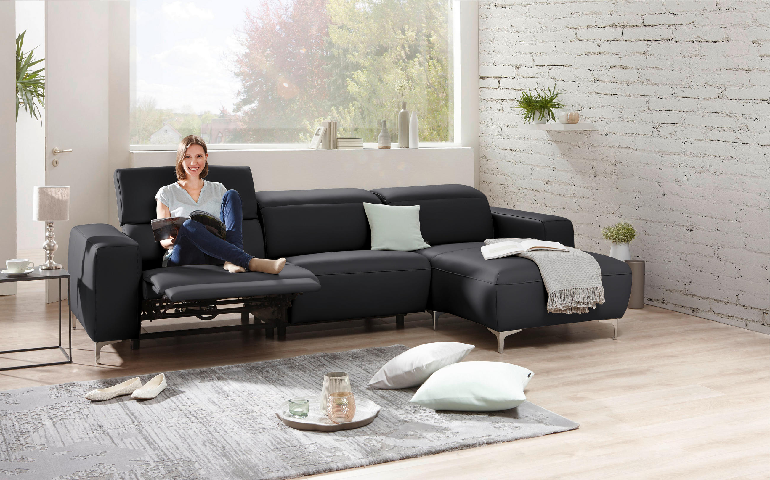 ECKSOFA in Echtleder Dunkelgrau, Fango  - Chromfarben/Fango, Design, Leder/Metall (292/177cm) - Pure Home Lifestyle