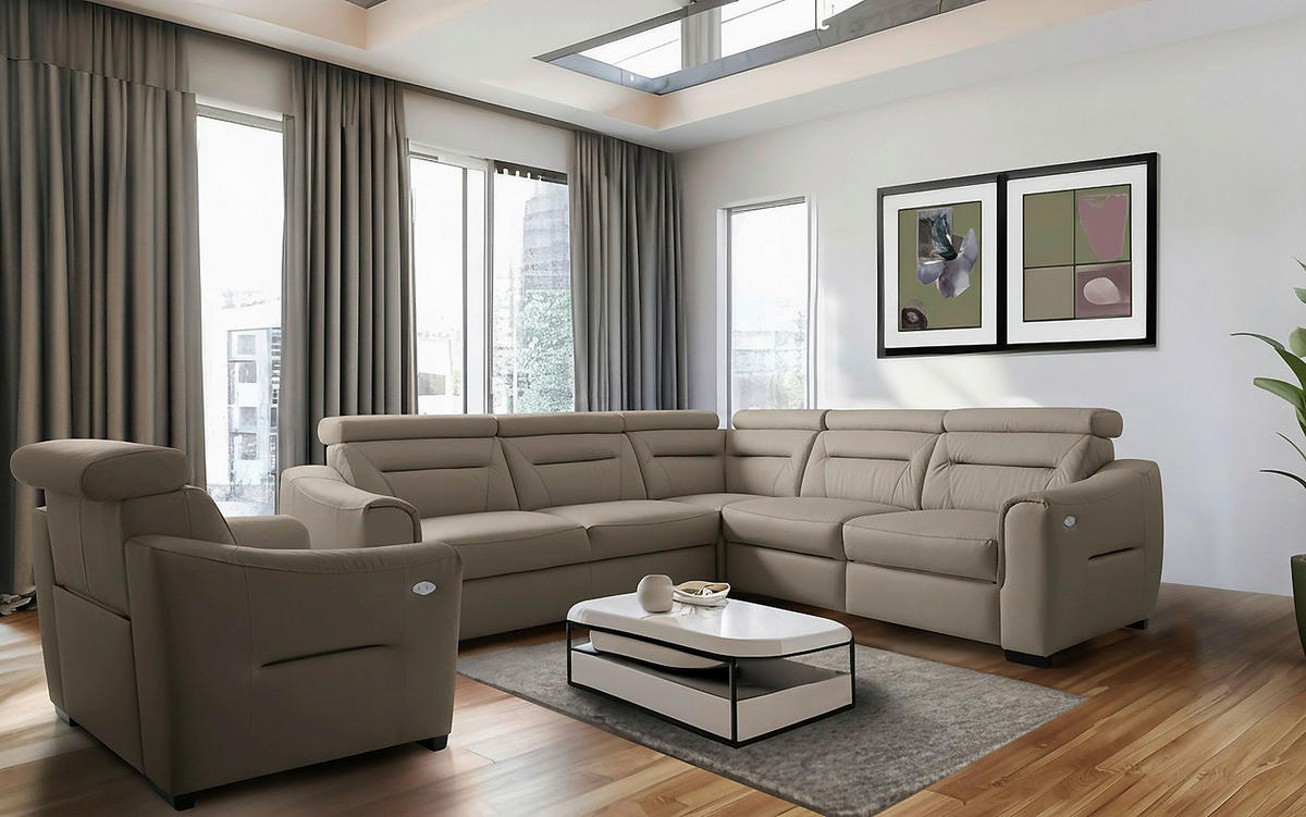 ECKSOFA Schlammfarben Echtleder Lederlook Schlaffunktion, Rücken echt, Relaxfunktion, Kopfteilverstellung  - Wengefarben/Schlammfarben, Design, Leder/Holz (260/260cm) - Celina Home