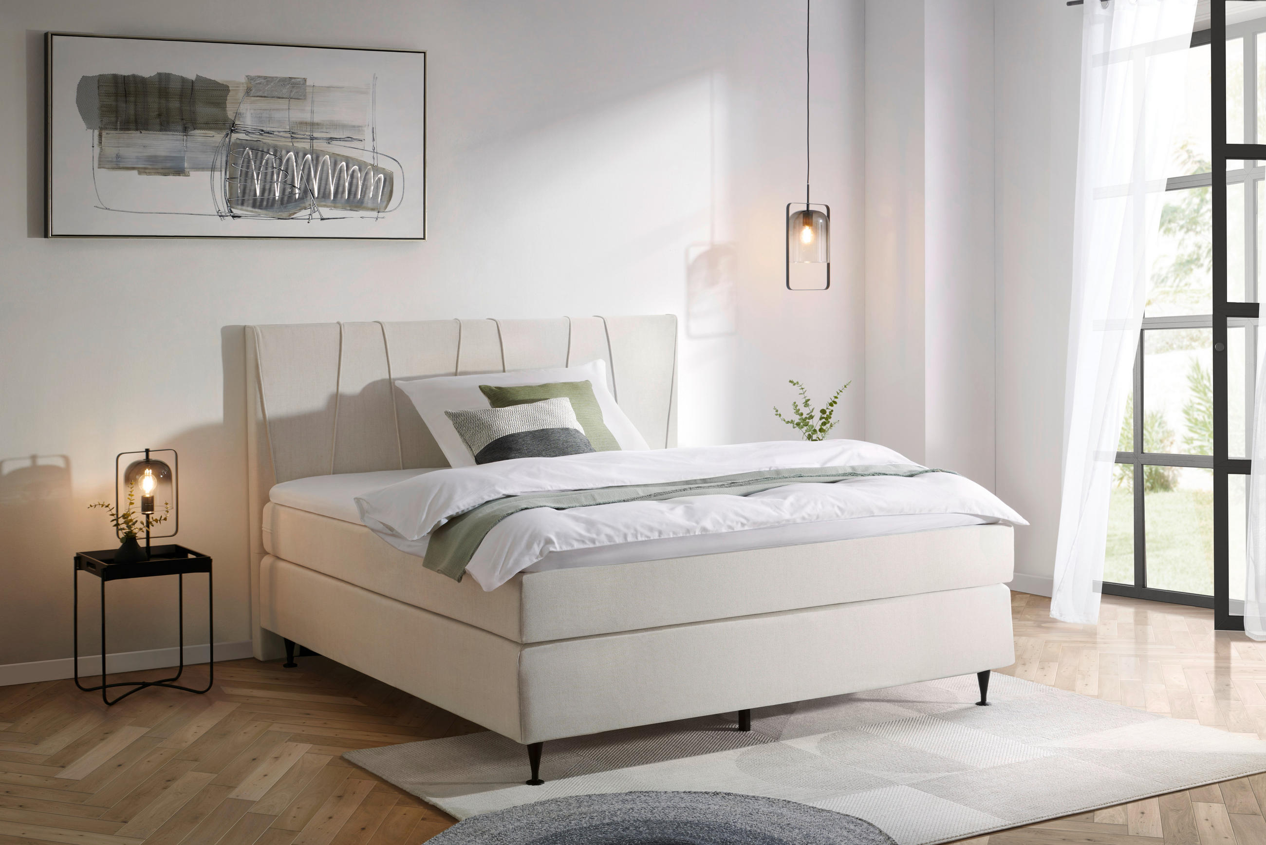 BOXSPRING-ÁGY 140/200 cm  krém  - fekete/krém, Modern, textil (140/200cm) - MID.YOU