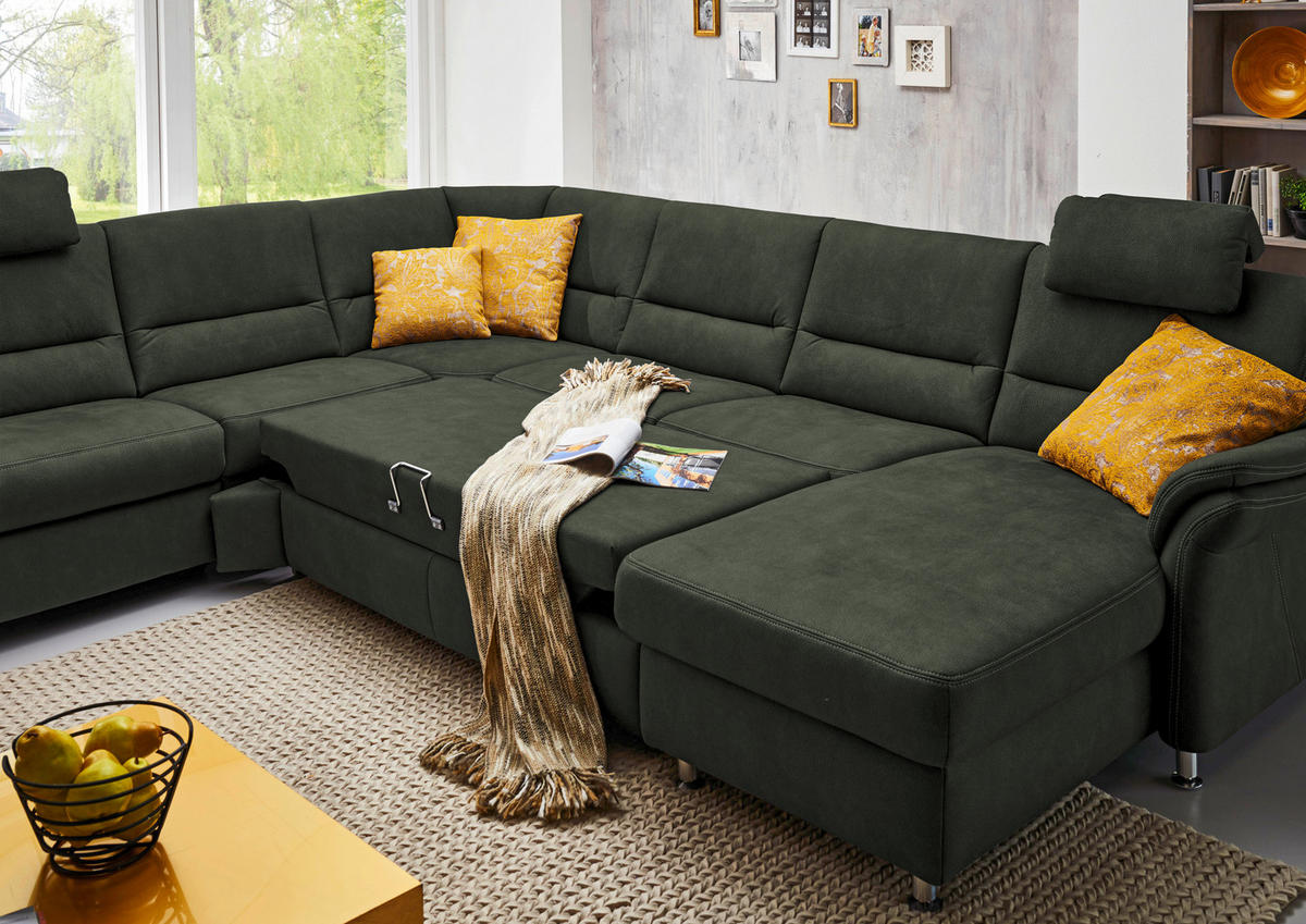 WOHNLANDSCHAFT  in Mikrofaser Dunkelgrün  - Dunkelgrün/Alufarben, KONVENTIONELL, Textil/Metall (262/335/173cm) - Beldomo System