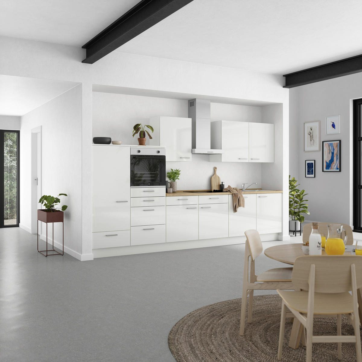 KÜCHENLEERBLOCK 360 cm   in Eichefarben, Weiß Hochglanz  - Edelstahlfarben/Eichefarben, MODERN, Holzwerkstoff/Metall (360cm) - Nobilia