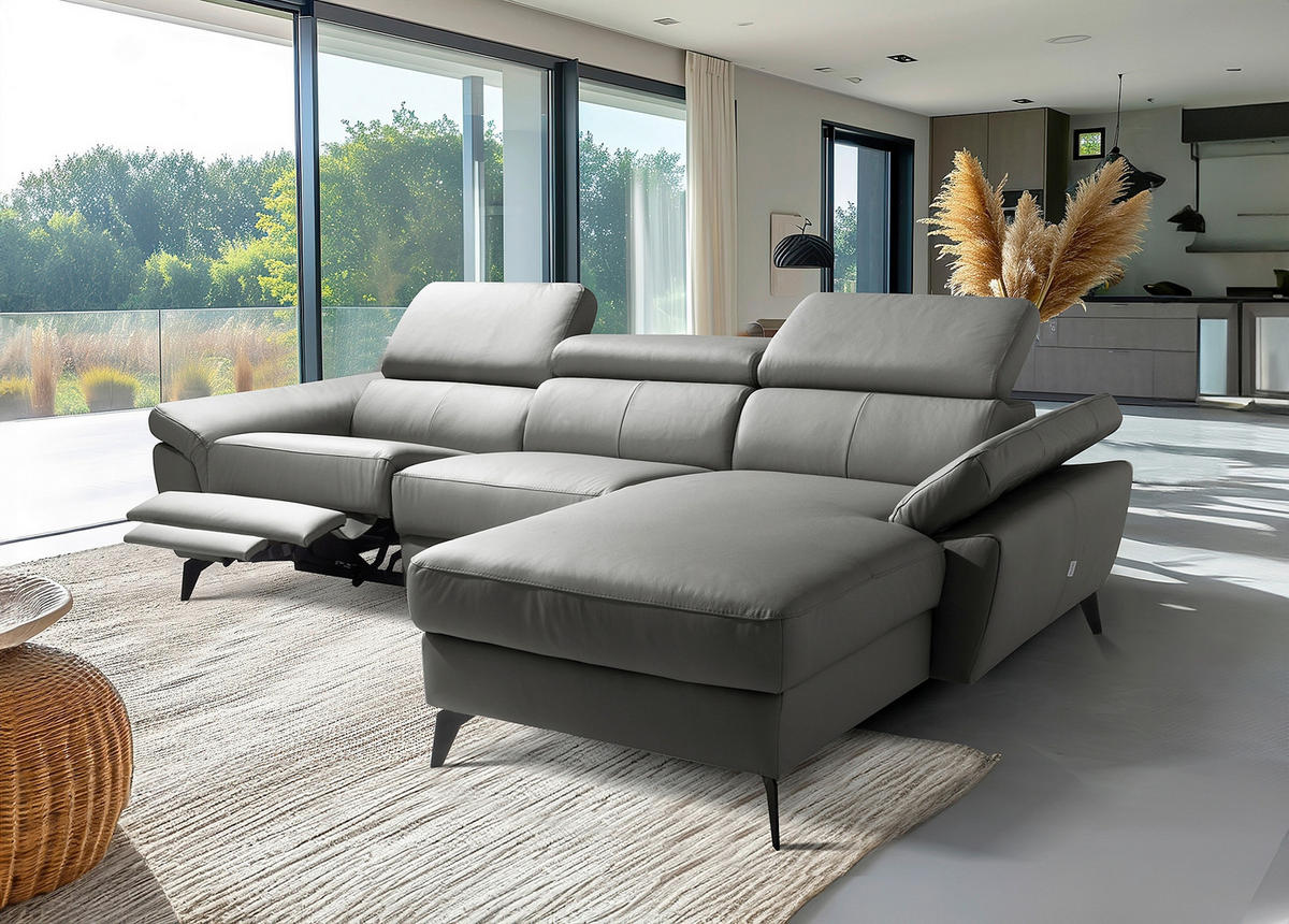 ECKSOFA SONO in Lederlook Echtleder Anthrazit Armteilverstellung, Kopfteilverstellung  252/179 cm  - Anthrazit/Schwarz, Design, Leder/Textil (252/179cm) - Livetastic