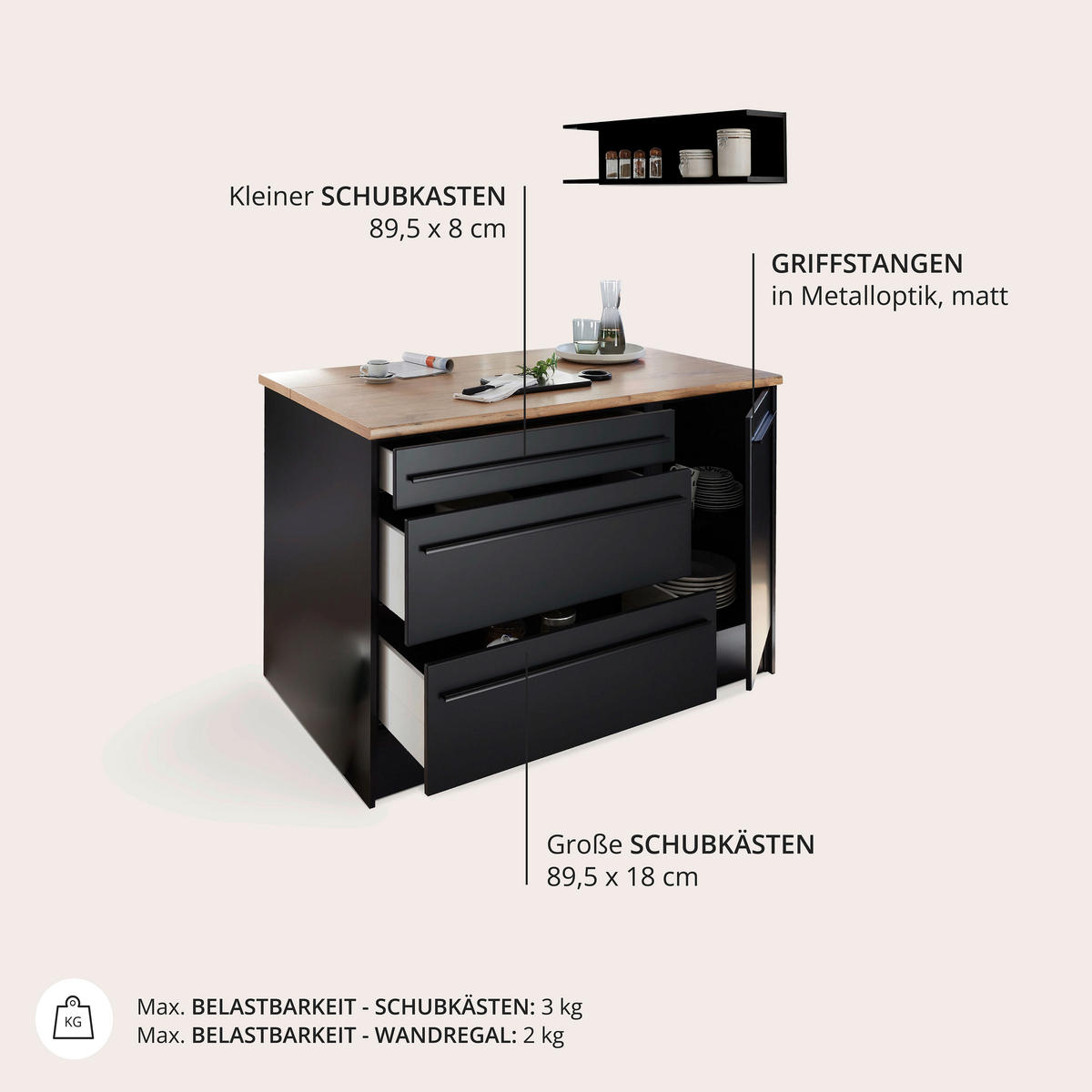 KONYHASZIGET 145/90/90 cm  - tölgyfa színű/fekete, Konventionell, műanyag/faalapú anyag (145/90/90cm) - MID.YOU