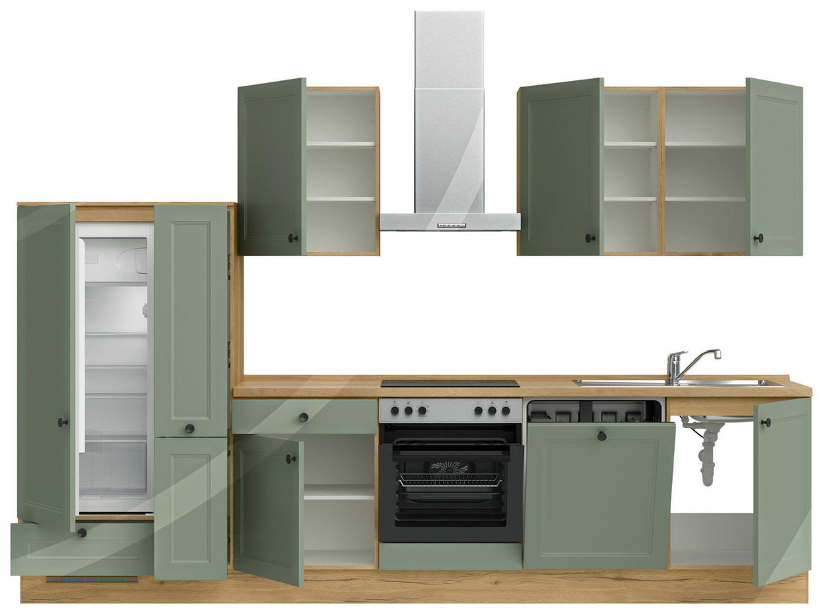 KÜCHENBLOCK Cascada 330 cm  in Grün, Eichefarben  - Eichefarben/Schwarz, MODERN, Holzwerkstoff/Metall (330cm) - Nobilia