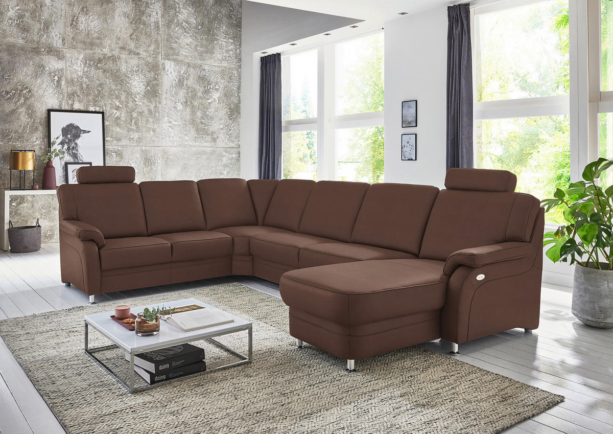 WOHNLANDSCHAFT Echtleder Mokka  - Alufarben/Mokka, Konventionell, Leder/Metall (239/329/165cm) - Beldomo Premium