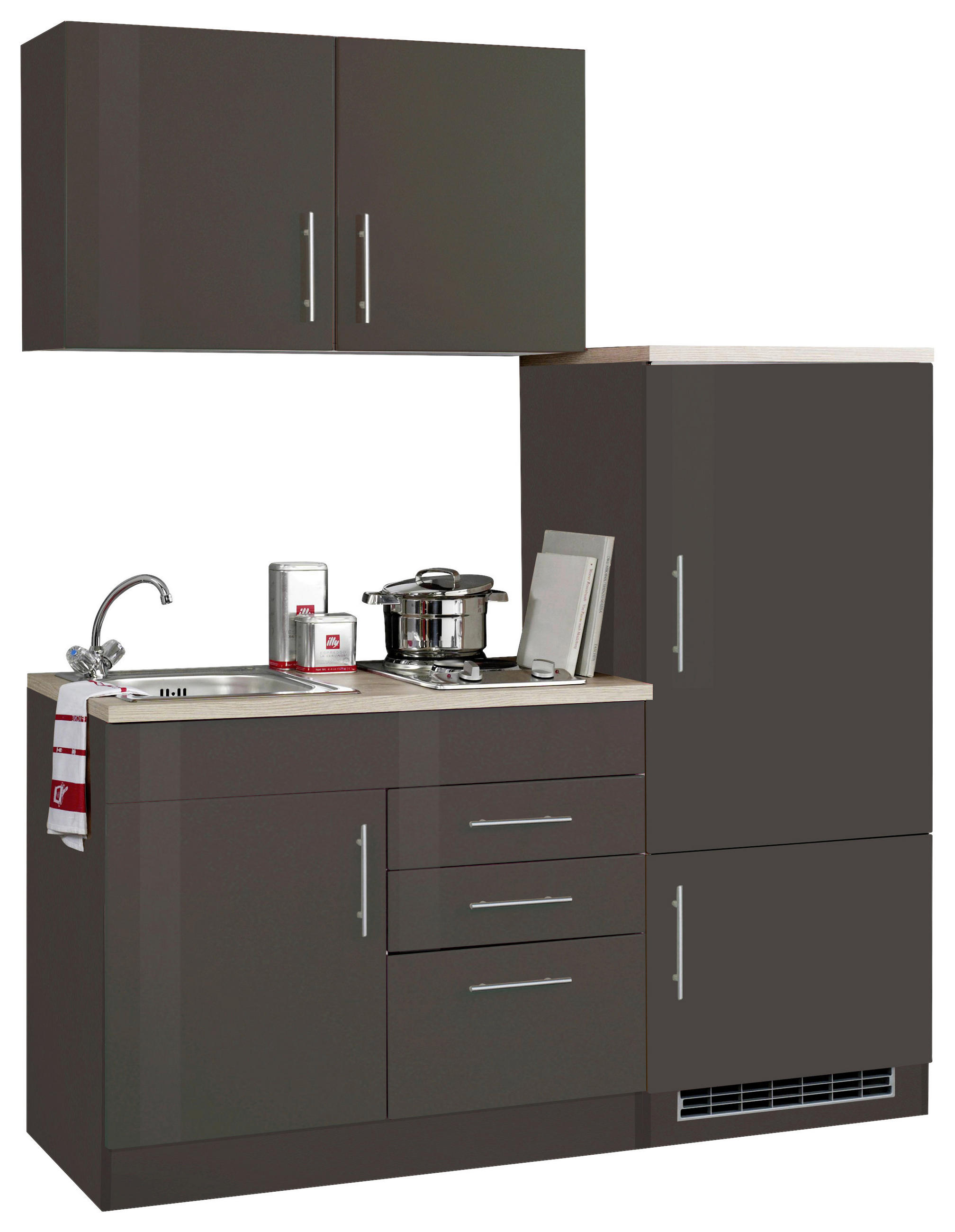 KÜCHENBLOCK 160 cm   in Graphitfarben, Grau Hochglanz  - Chromfarben/Grau Hochglanz, MODERN, Holzwerkstoff/Metall (160cm) - Held