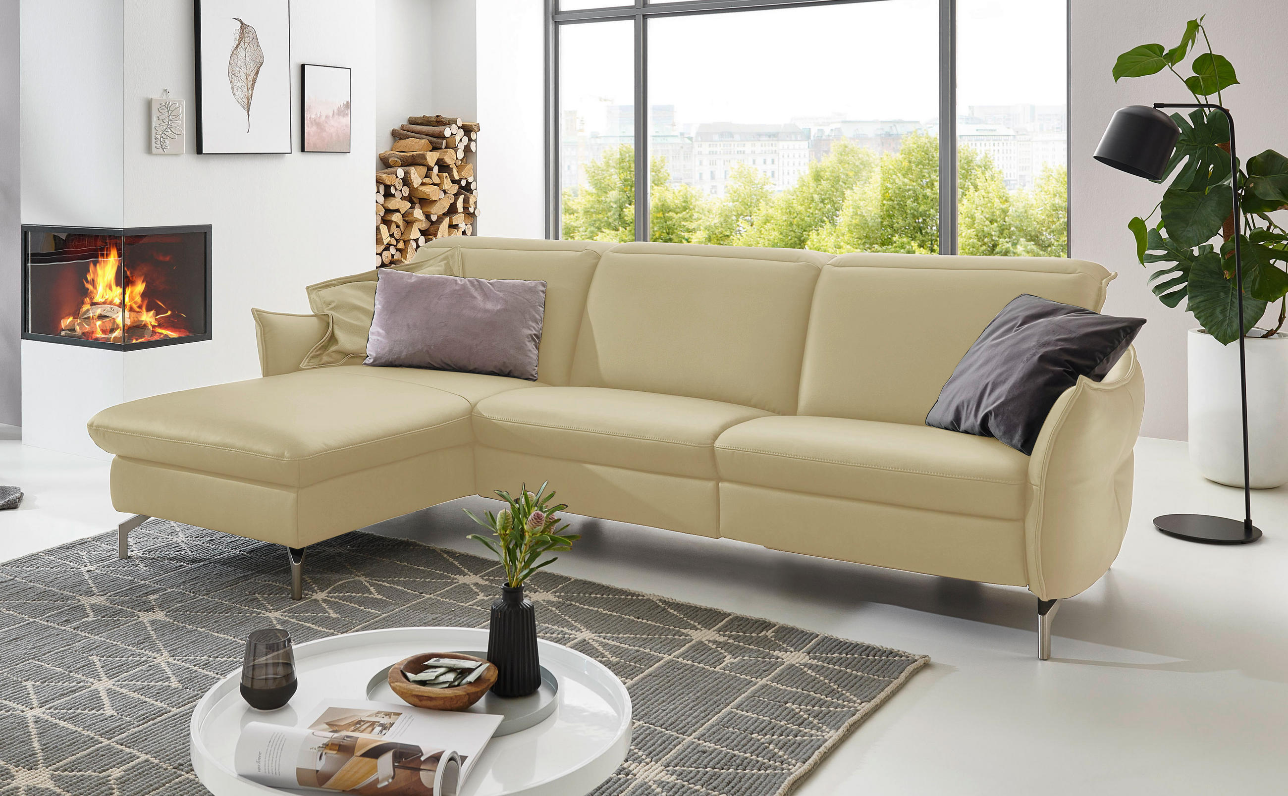 SOFFA i läder creme - creme/nickelfärgad, Modern, metall/läder (179/263cm) - Livetastic