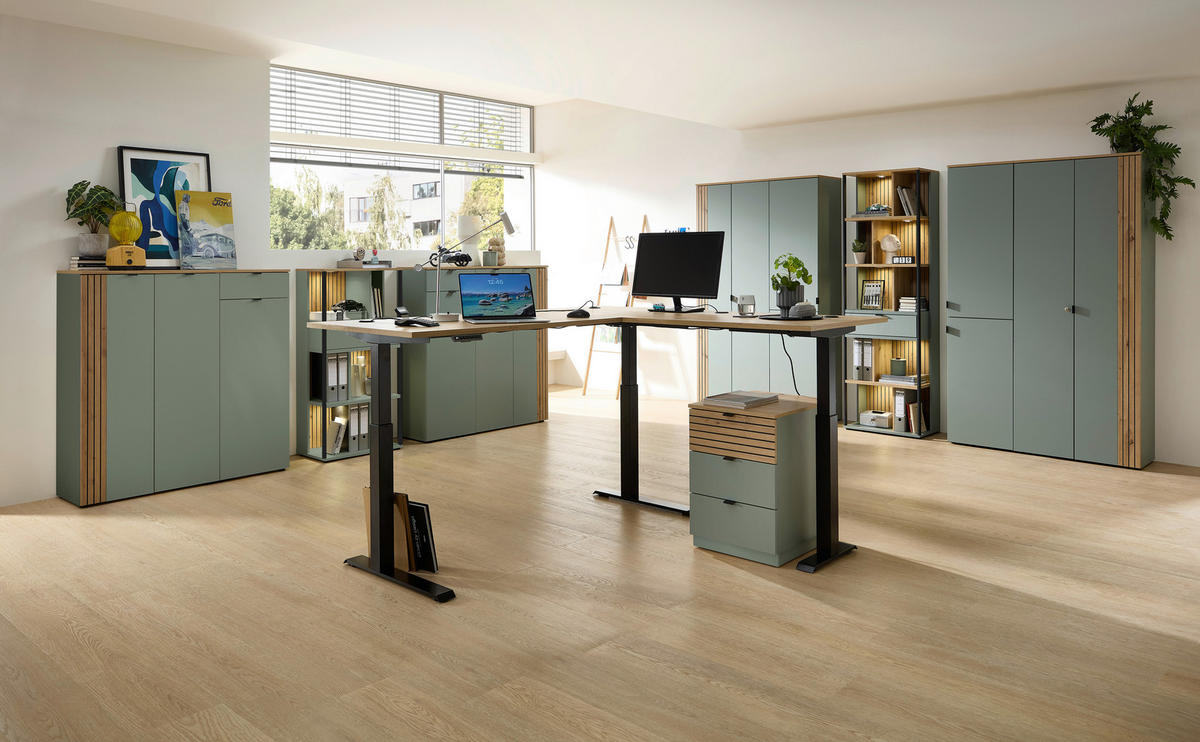 SCHREIBTISCH 150/77/73 cm Schwarz, Eiche Artisan, Schilfgrün  - Schilfgrün/Schwarz, KONVENTIONELL, Holzwerkstoff/Metall (150/77/73cm) - Voleo