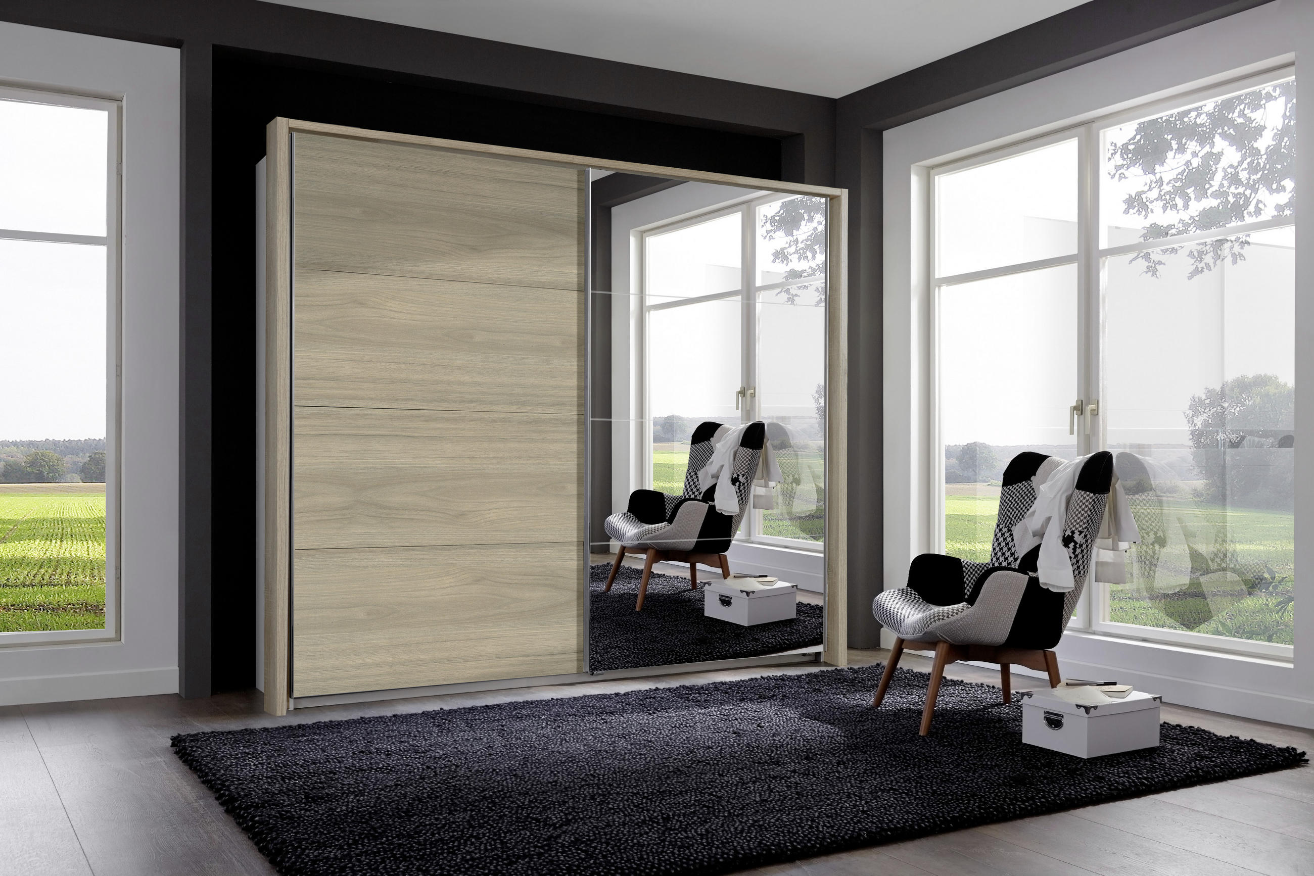 SCHWEBETÜRENSCHRANK 225/210/65 cm 2-türig Weiß, Eichefarben, Hickory  - Eichefarben/Alufarben, Design, Glas/Holzwerkstoff (225/210/65cm) - Boxxx