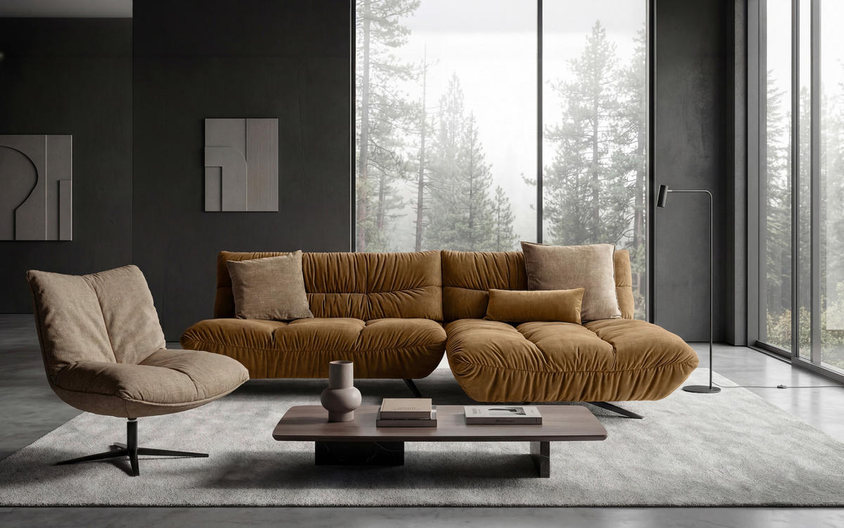 ECKSOFA Beigebraun Chenille Rücken echt, Sitztiefenverstellung  - Beigebraun/Schwarz, Design, Textil/Metall (295/178cm) - Belluti