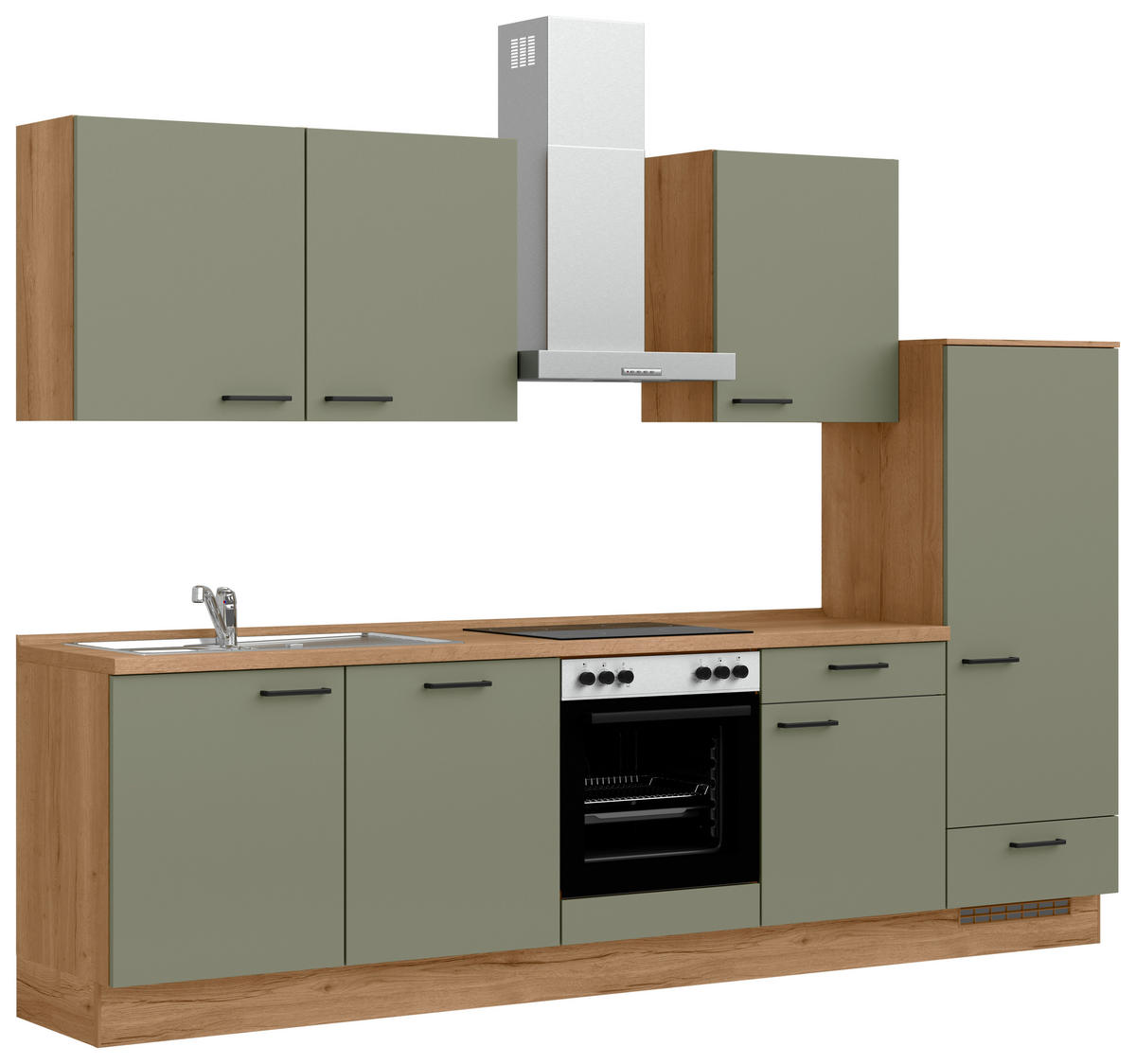 KÜCHENBLOCK Senso 300 cm  in Eichefarben, Olivgrün  - Eichefarben/Schwarz, MODERN, Holzwerkstoff/Metall (300cm) - Nobilia