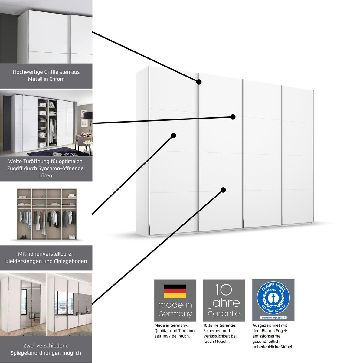 SCHWEBETÜRENSCHRANK 271/223/68 cm 4-türig Weiß  - Chromfarben/Weiß, KONVENTIONELL, Glas/Holzwerkstoff (271/223/68cm) - Novel