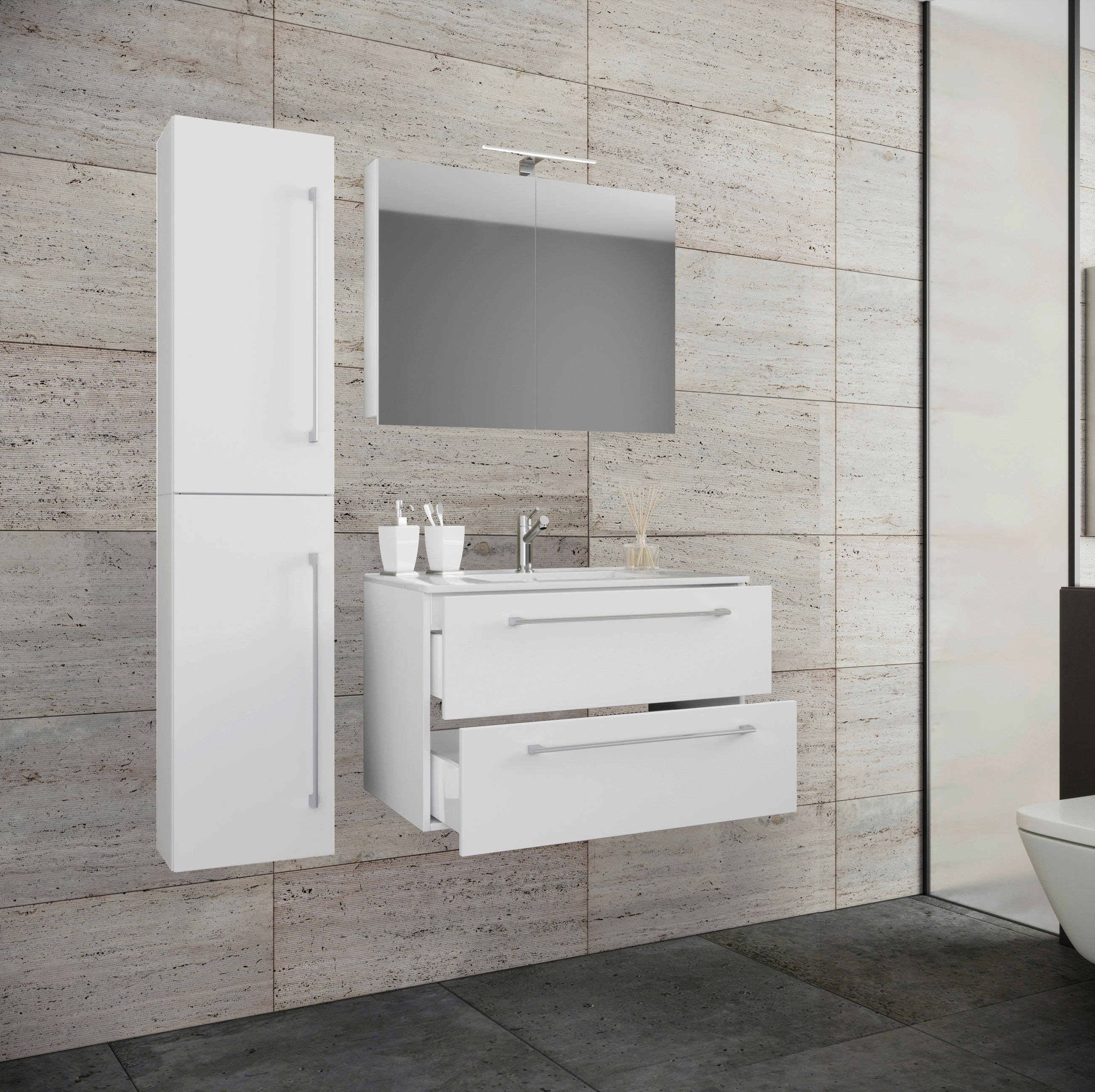 BADEZIMMER 4-teilig  in 113 cm  - Alufarben/Weiß, MODERN, Keramik/Holzwerkstoff (113cm) - MID.YOU