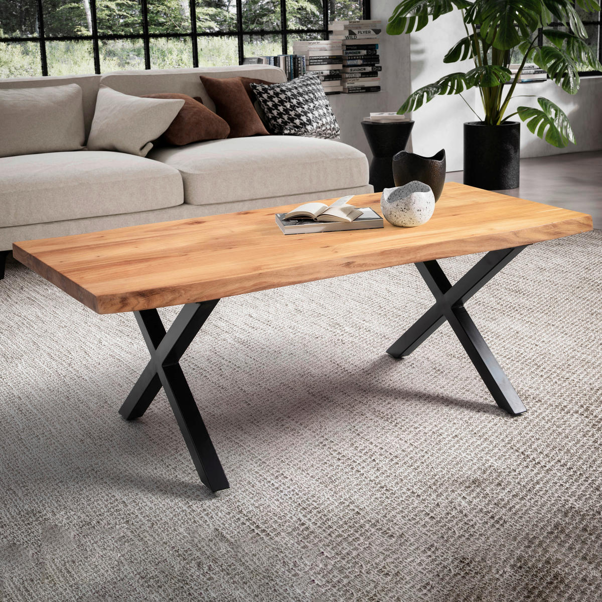 COUCHTISCH Akazie massiv 120/60/46 cm rechteckig Akaziefarben  - Schwarz/Akaziefarben, Design, Holz/Metall (120/60/46cm) - MID.YOU