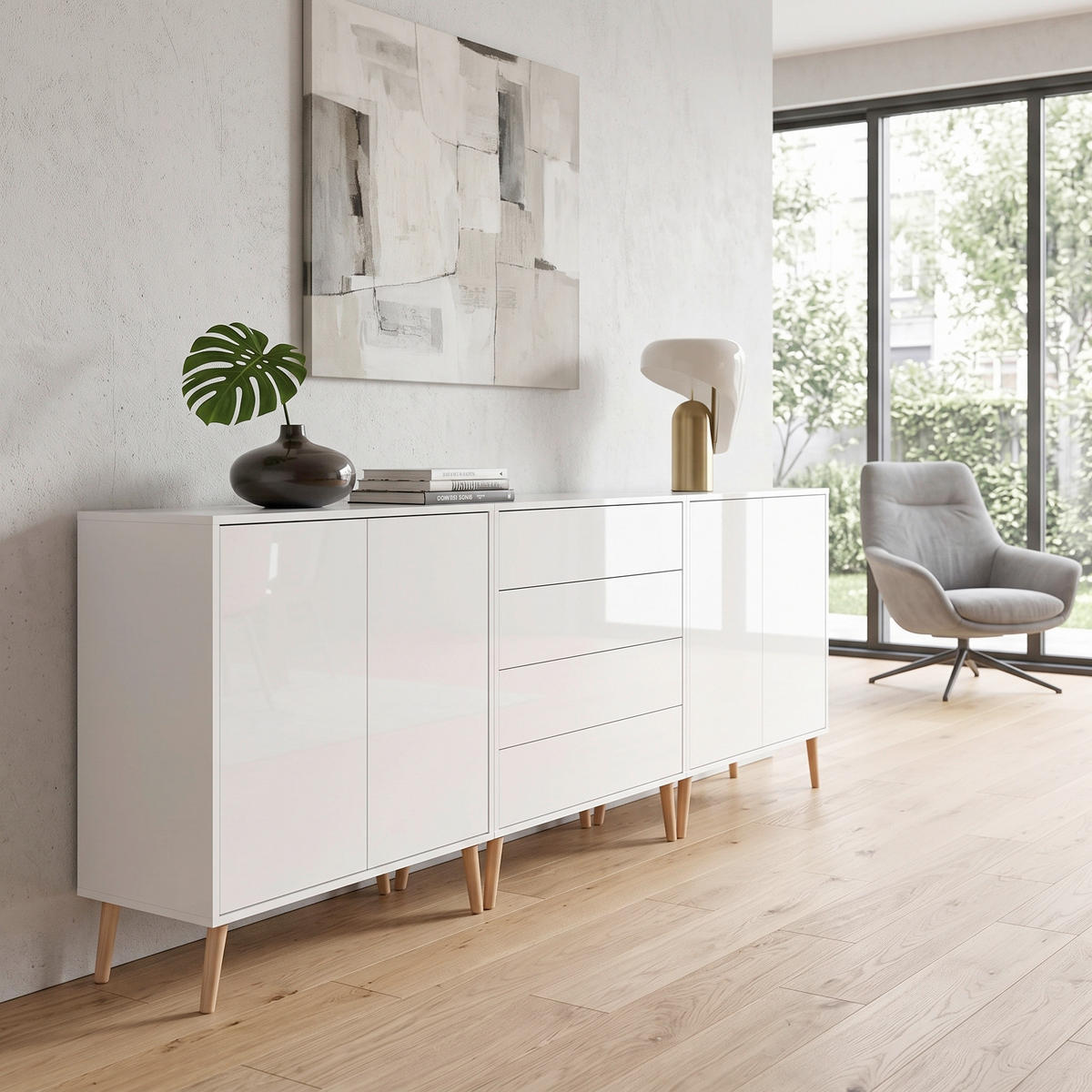 SIDEBOARD Mailand Set 5 + HF 237/86/33 cm 4 Schublade(n)  - Weiß Hochglanz/Weiß, MODERN, Holz/Holzwerkstoff (237/86/33cm) - MID.YOU