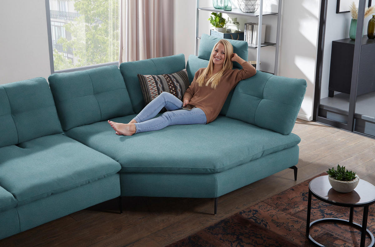 ECKSOFA in Flachgewebe Hellblau  - Schwarz/Hellblau, Design, Textil/Metall (344/157cm) - Chilliano