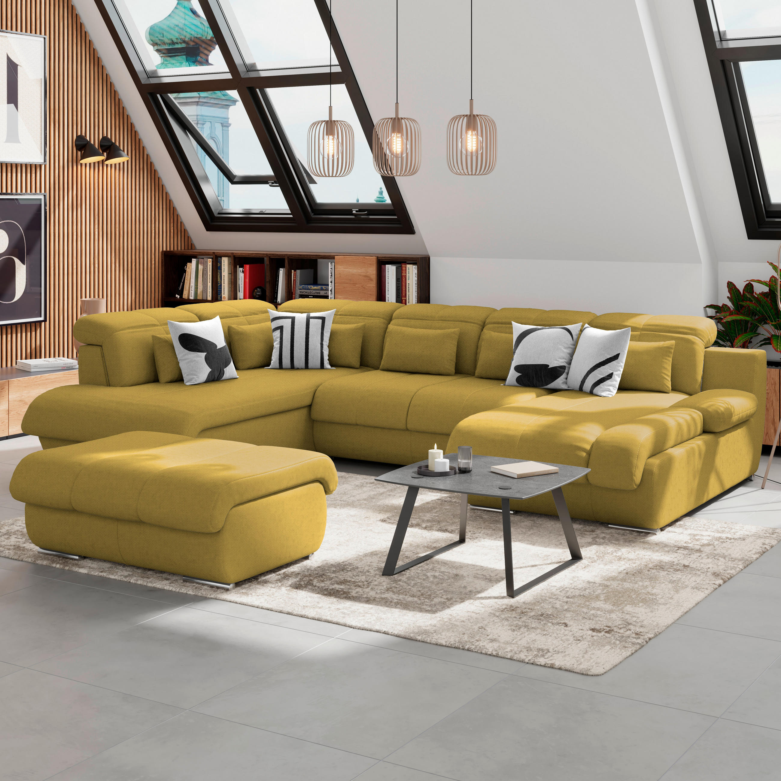WOHNLANDSCHAFT Senfgelb Mikrofaser  - Chromfarben/Senfgelb, MODERN, Textil/Metall (228/345/184cm) - MID.YOU