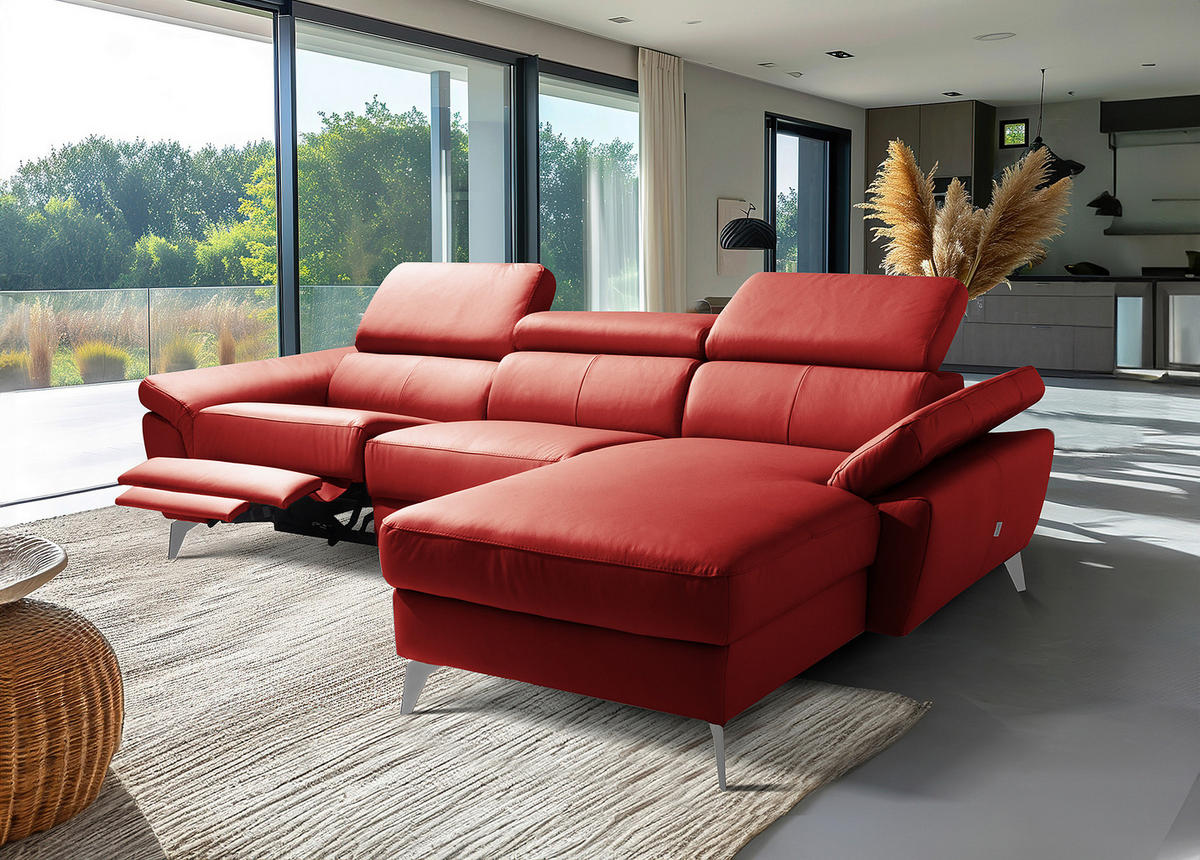 ECKSOFA Rot Echtleder Lederlook Rücken echt, Armteilverstellung, Relaxfunktion, Kopfteilverstellung  - Chromfarben/Rot, Design, Leder/Textil (252/179cm) - Livetastic